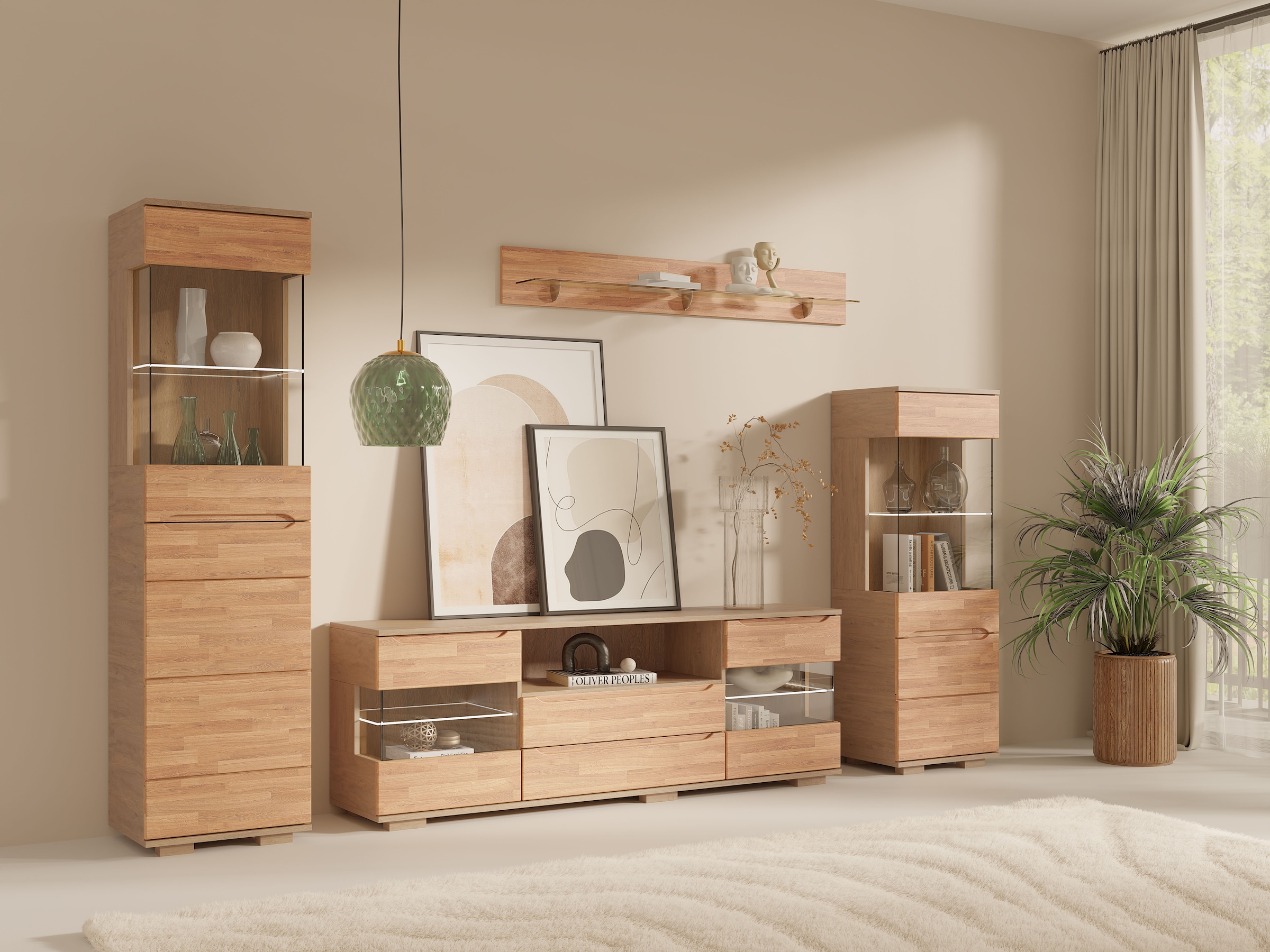 GOODproduct Wohnwand »VETRO: besteht aus 2 Vitrinen, 1 Lowboard & 1 Wandregal, Wohnzimmer.« 4 Stk. tlg.