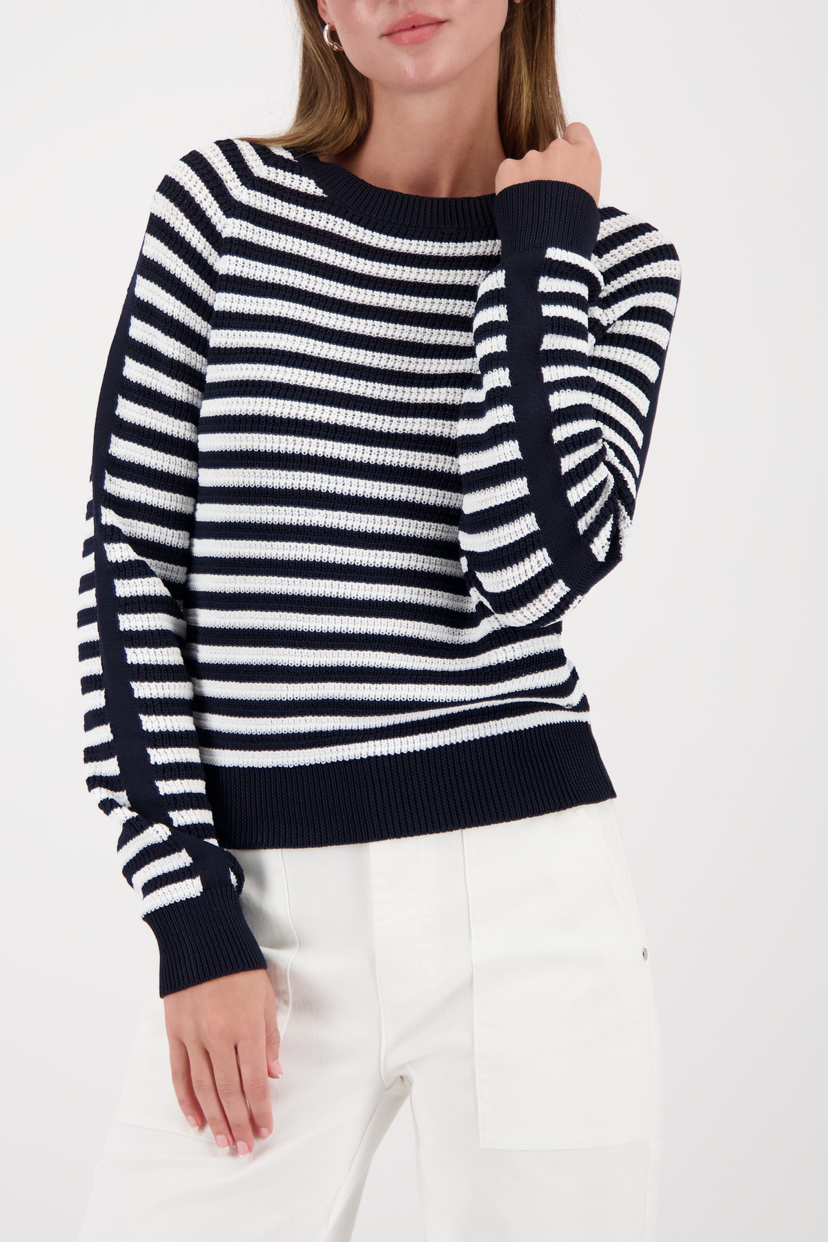 Image of Monari Strickpullover Rundhalsausschnitt, Regular Fit, Streifendetail am Ärmel