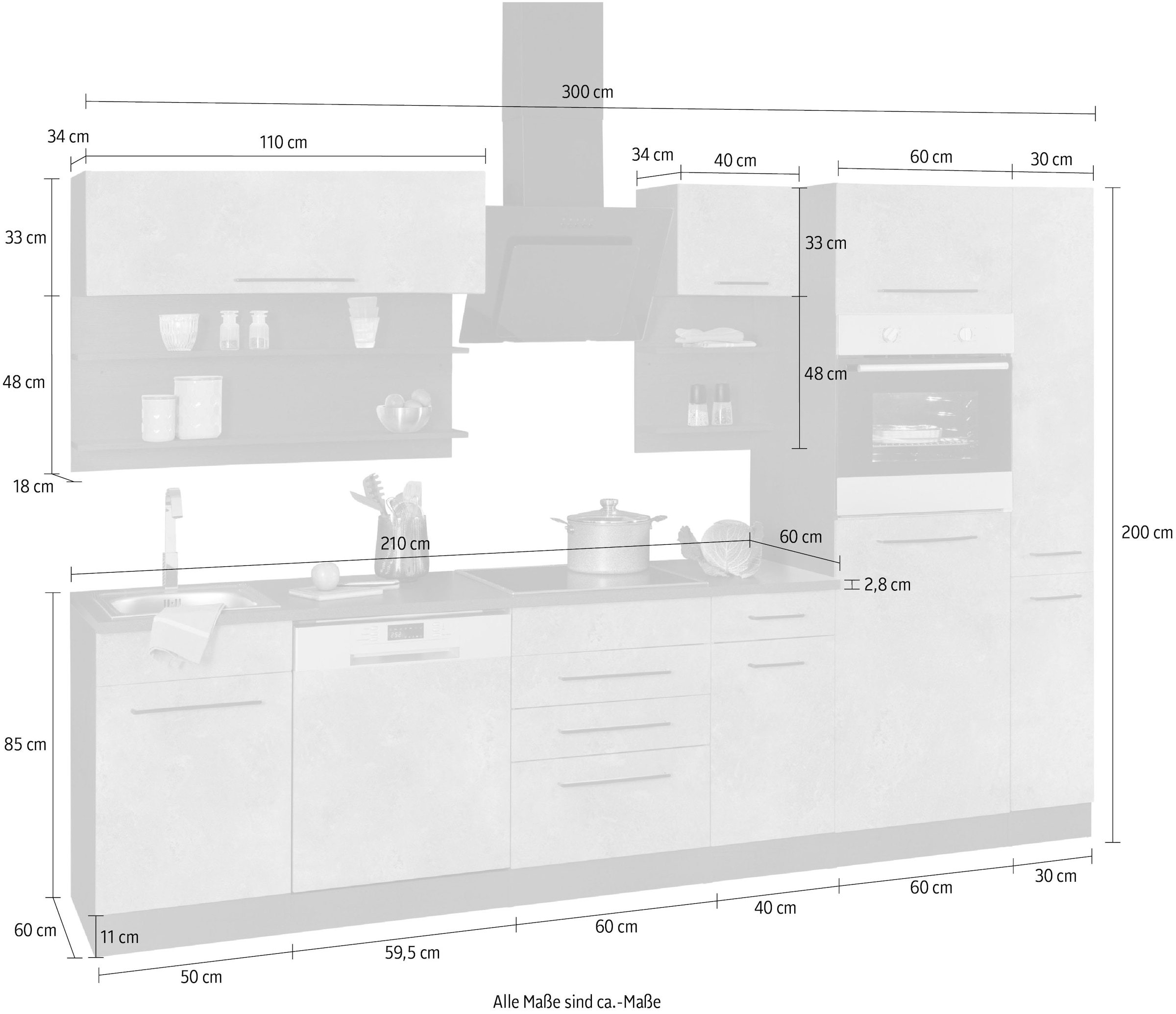 KOCHSTATION Küchenzeile »KS-Tulsa« ohne E-Geräte, Breite 300 cm, schwarze Metallgriffe, MDF Fronten