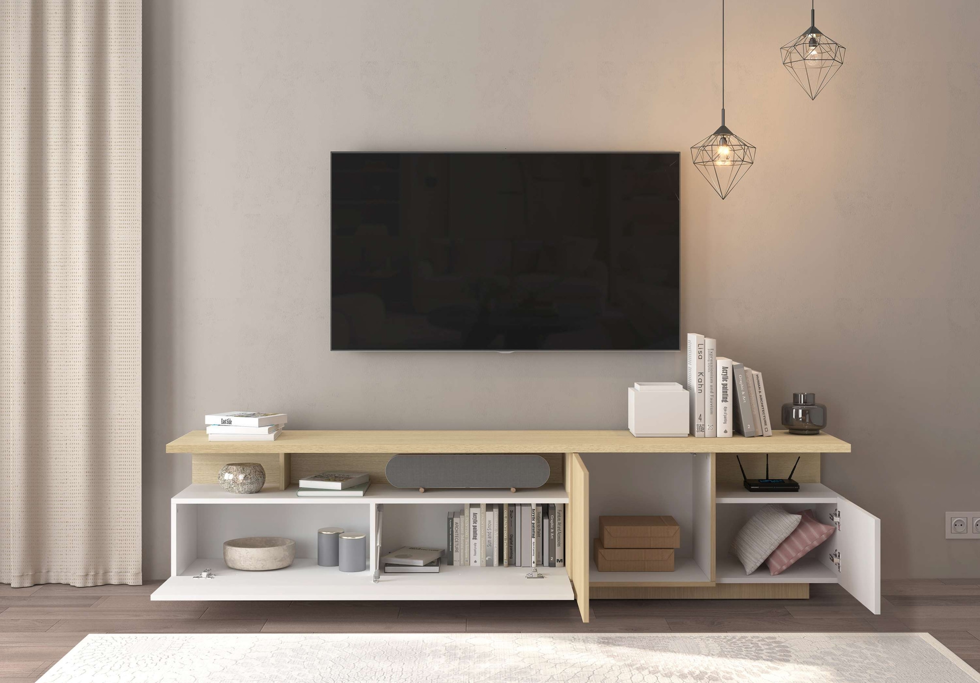 GOODproduct Table basse »Lowboard ETHOS,Lowboard,TV-Kommode,TV-Möbel,TV-Bank« 1 cuis tlg. Avec deux portes tournantes, une porte battante et deux compartiments ouverts, L.210 cm
