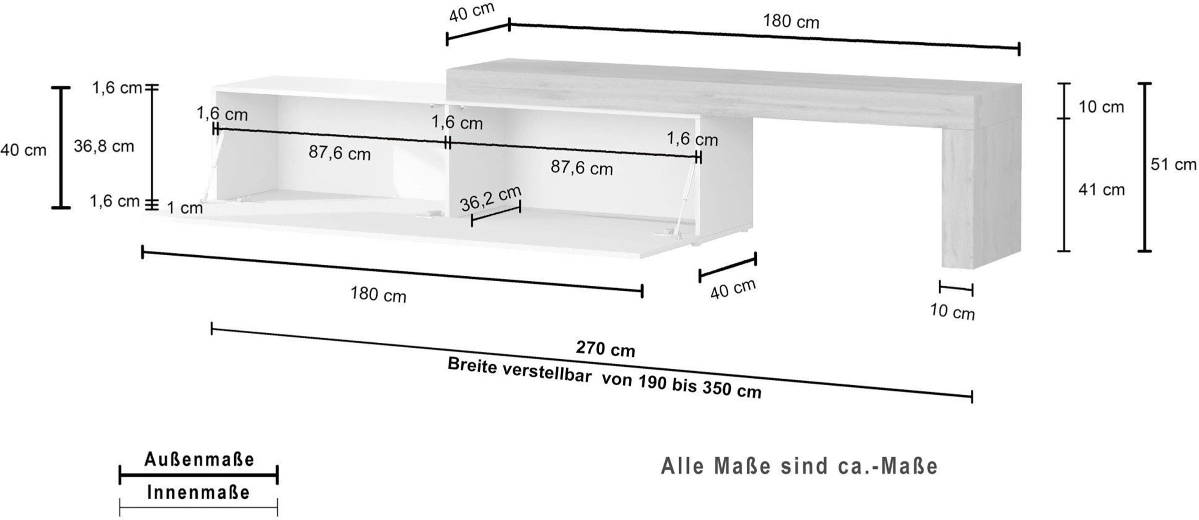 INOSIGN Table basse »Chronos TV-Board, TV-Schrank« Breite verstellbar von 190 bis 350 cm, 1 cuis tlg. Breite 270 cm TV-Board,Lowboard,1 Klappe und ein L-Förmiger Aufsatz