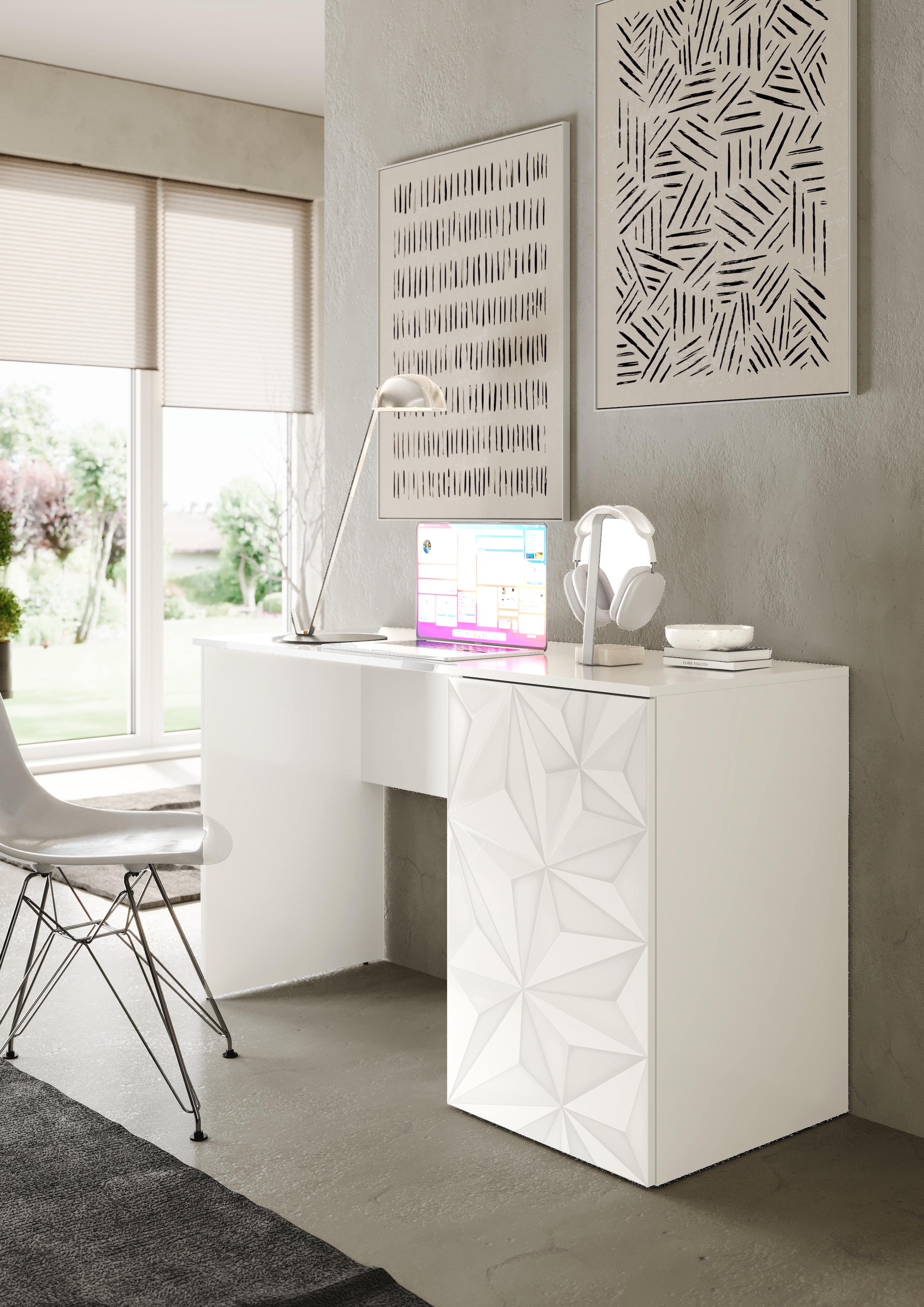 INOSIGN Schreibtisch »Prisma, Breite 120 cm, Tiefe 50 cm, mit Stauraum (1 Tür - 2 Fächer),« Computertisch, Arbeitstisch, Schminktisch, Tür mit Siebdruck