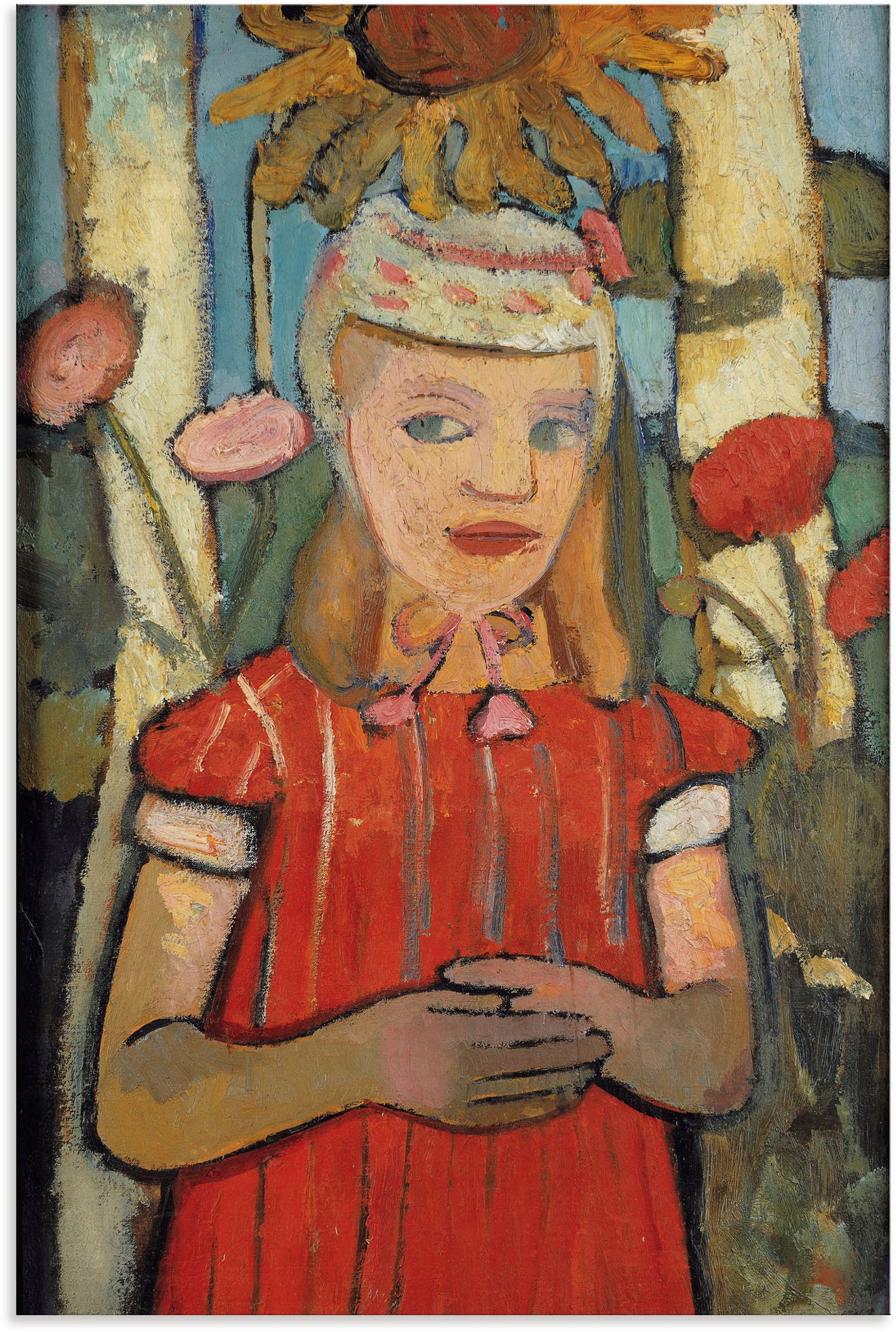 Image of Artland Wandbild »Mädchen in rotem Kleid vor Sonnenblume.«, Bilder von Kindern, (1 St.), in vielen Grössen & Produktarten - Alubild / Outdoorbild für den Aussenbereich, Leinwandbild, Poster, Wandaufkleber / Wandtattoo auch für Badezimmer geeignet bei Acke