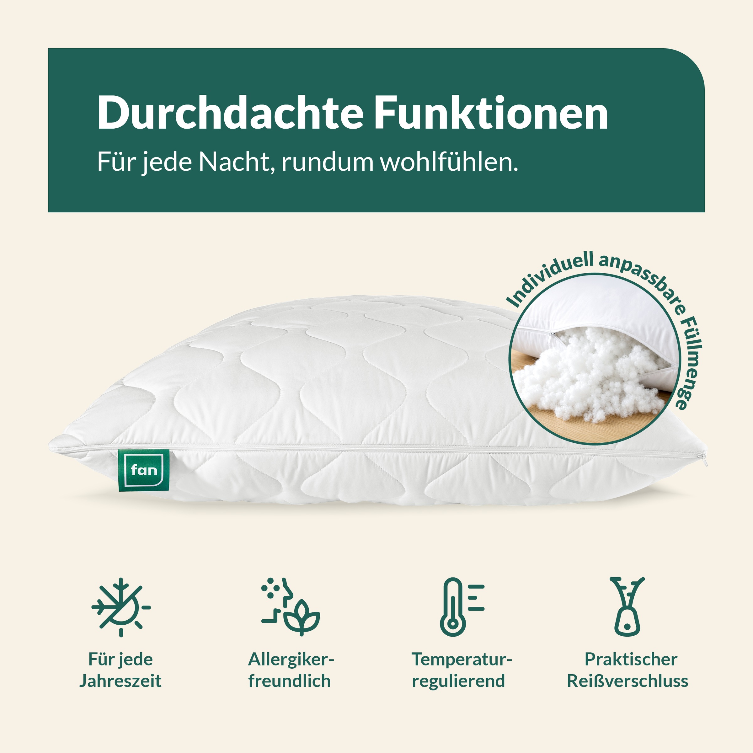 fan Microfaserkissen »Kansas, mit Baumwollbezug und Reissverschluss« Füllung: 100% Microfaser 1 Stk. tlg. in 40x80 oder 80x80 cm, Kopfkissen aus Microfaser, Made in Germany
