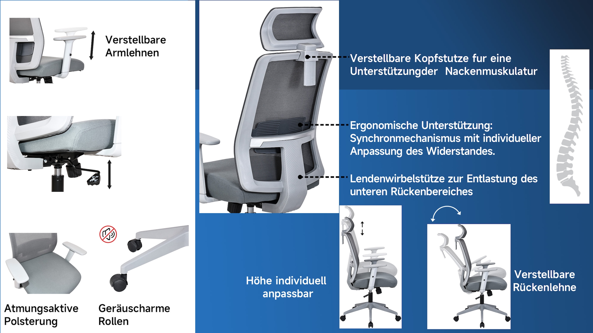 GOODproduct Chaise de bureau »Tallard, Mesh Schreibtischstuhl, ergonomische Ausstattung« () verstellbare Kopfstütze, Lumbalstütze & Armlehnen