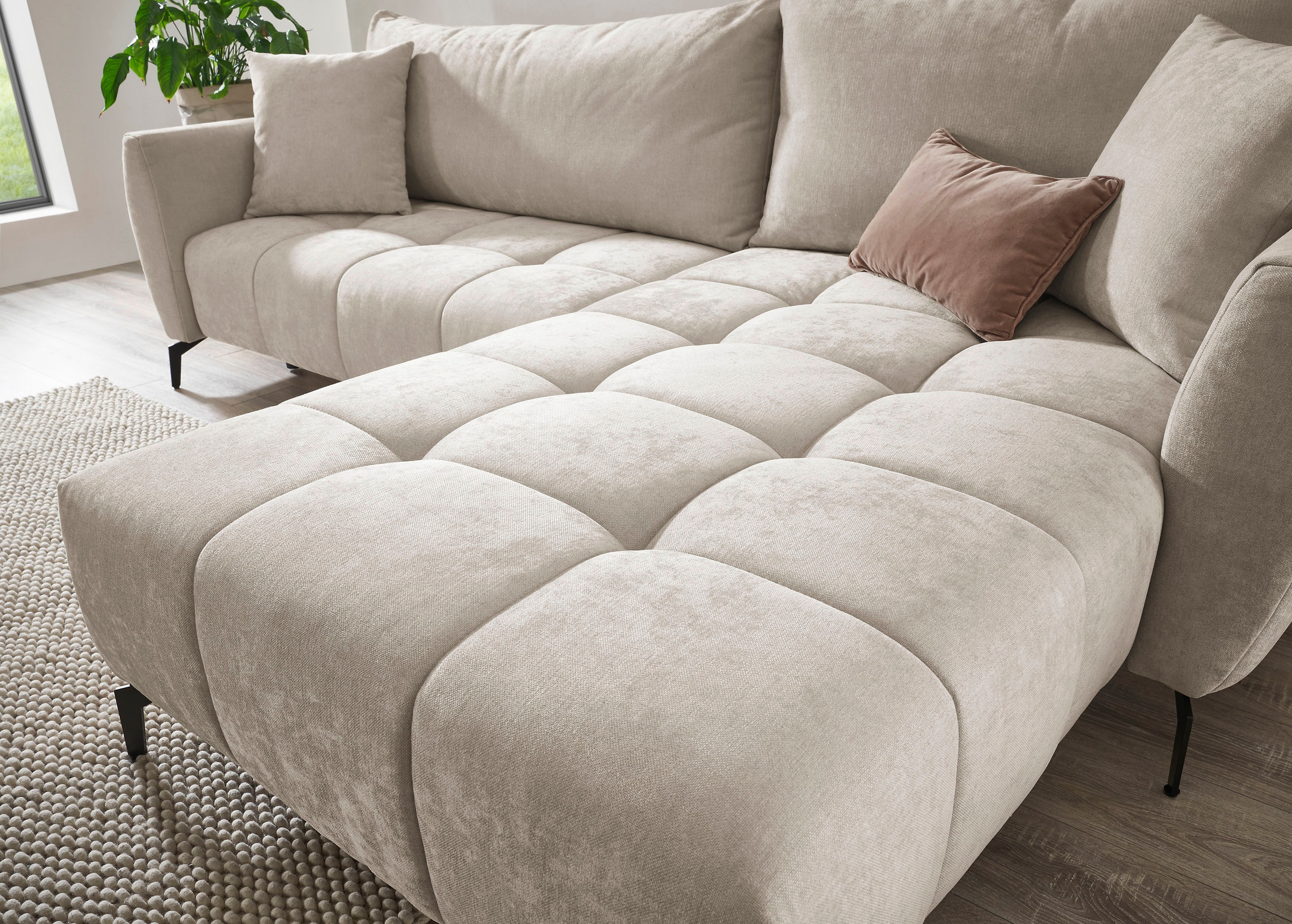 GOODproduct Canapé d'angle »JINNIE Chenille, L-Form, Polsterecke m. Schlaffunktion« Chauffeuse montage à gauche/droite, en tissu tissé ou chenille