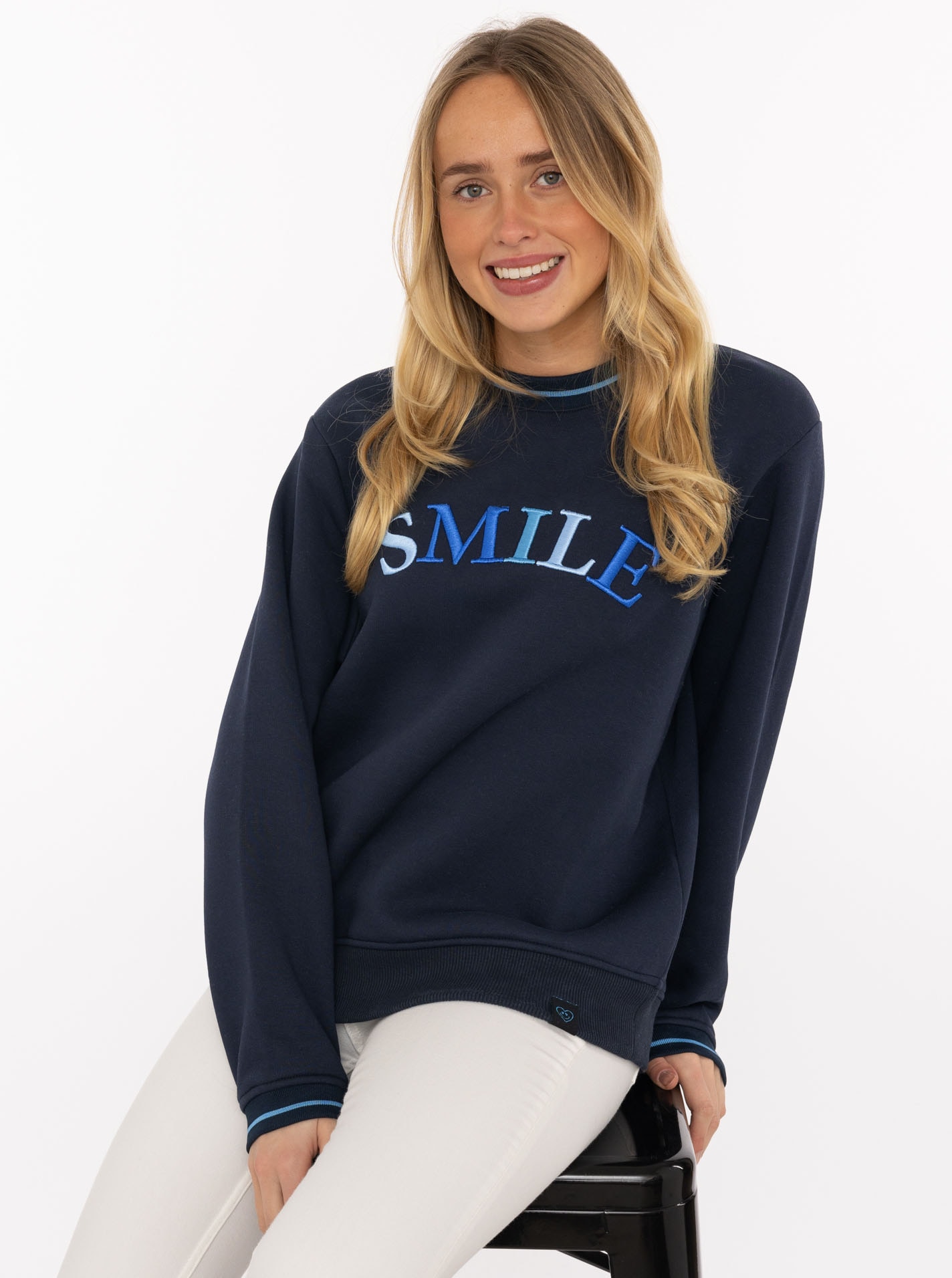 Image of Zwillingsherz Hoodie ""Smile Shine"", Rundhals, mit Lurexstreifen an den Bündchen, glänzende Stickerei
