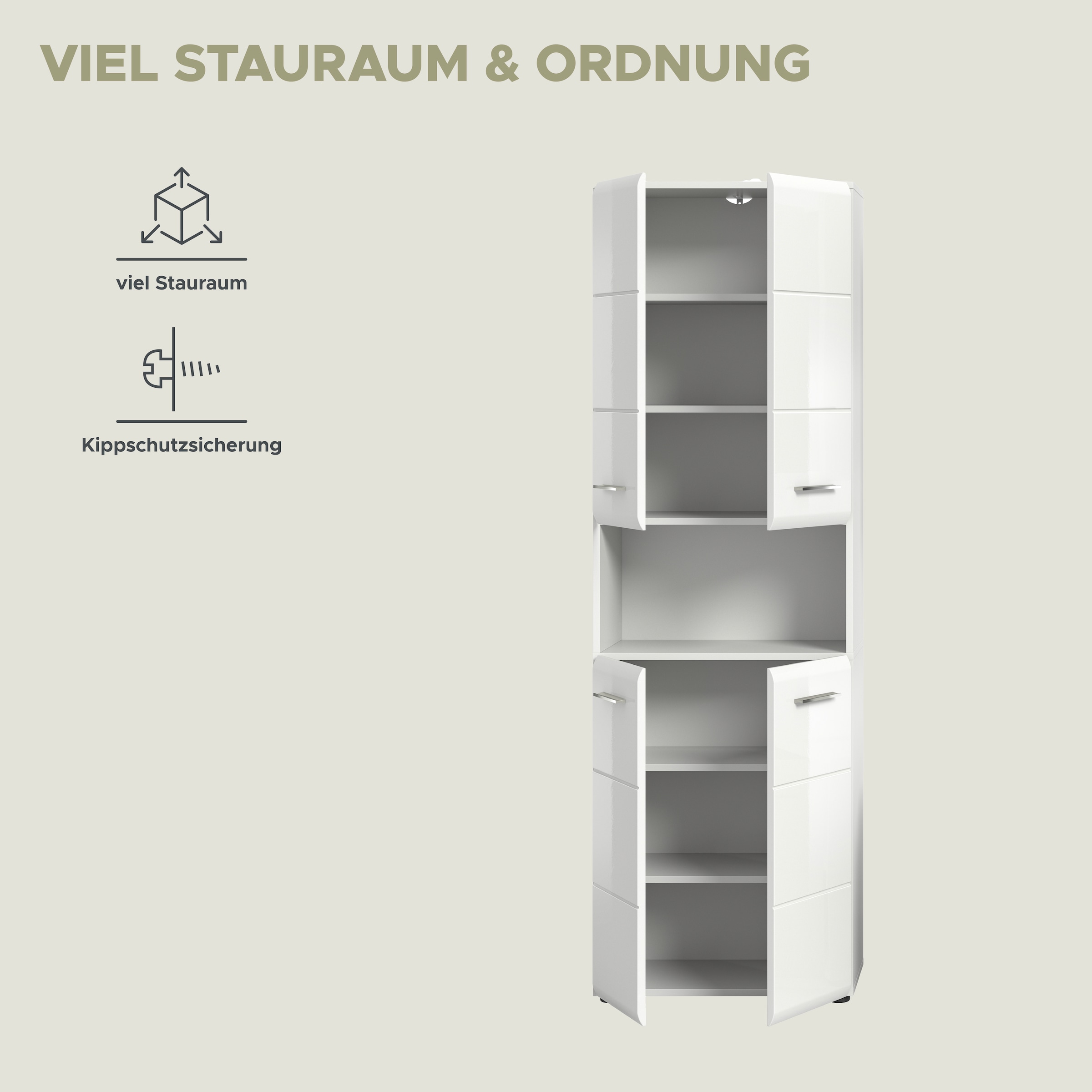INOSIGN Stauraumschrank »FLORENZ, TOPSELLER!, Höhe 185 cm, 4 Türen, 4 Fachböden, 1 offenes Fach«, (1 St.), hochwertige MDF Front, Griff chromglänzend, Badschrank, Bad