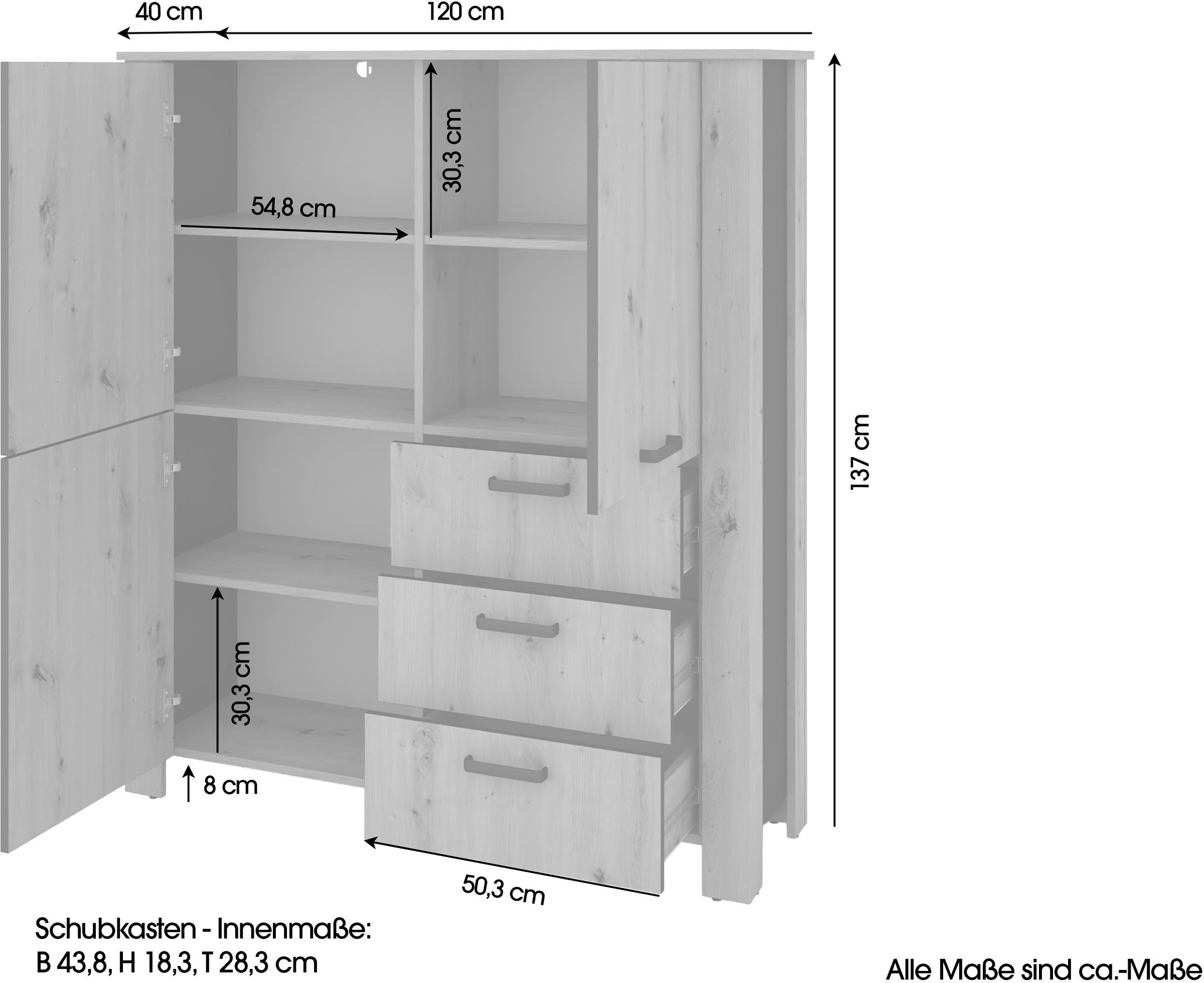 byLIVING Vitrine »Highboard Faro« 1 Stk. tlg. 3 Türen und 3 Schubkästen für maximale Ordnung, verschiedene Farben.