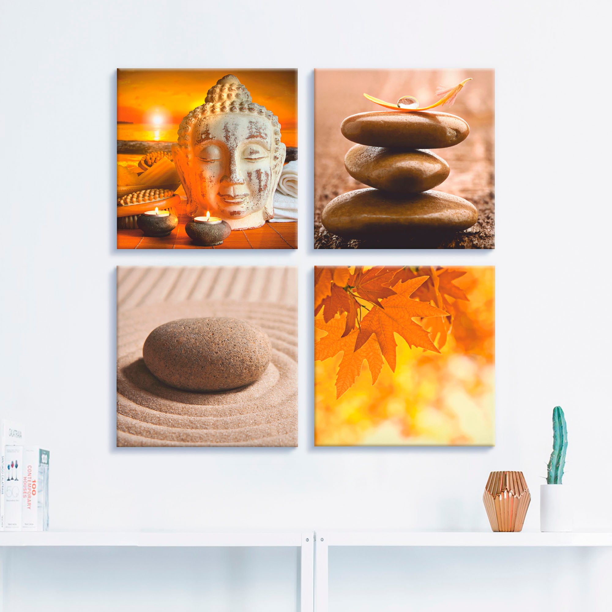 Artland Leinwandbild »Buddha-Statue Zen Garten Massagesteine«, Zen, (4 St.), 4er Set, verschiedene Grössen
