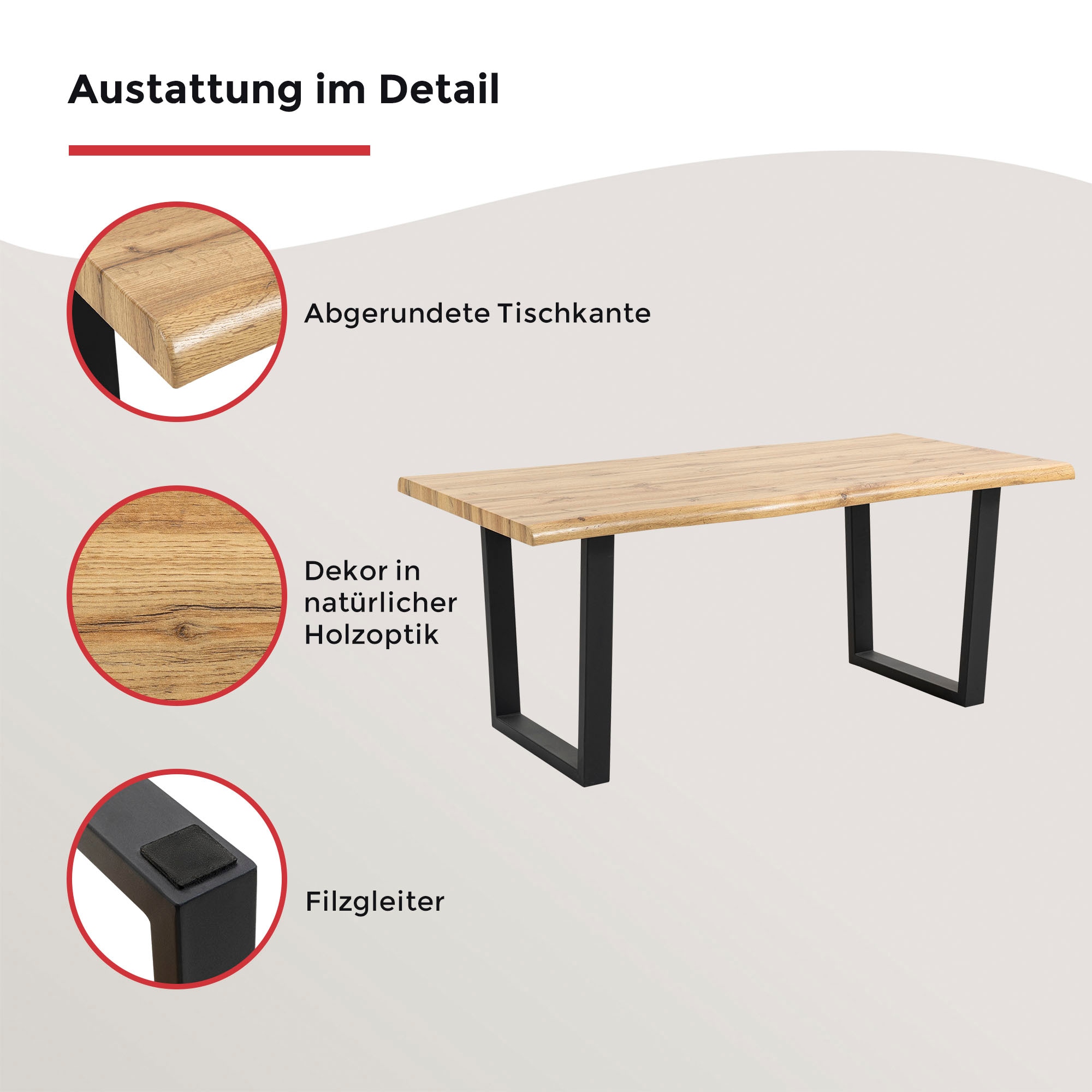 Duo Collection Table en bord d'arbre »Tisch Thea« Structure massive en métal en forme de luge, capacité jusqu'à 100 kg