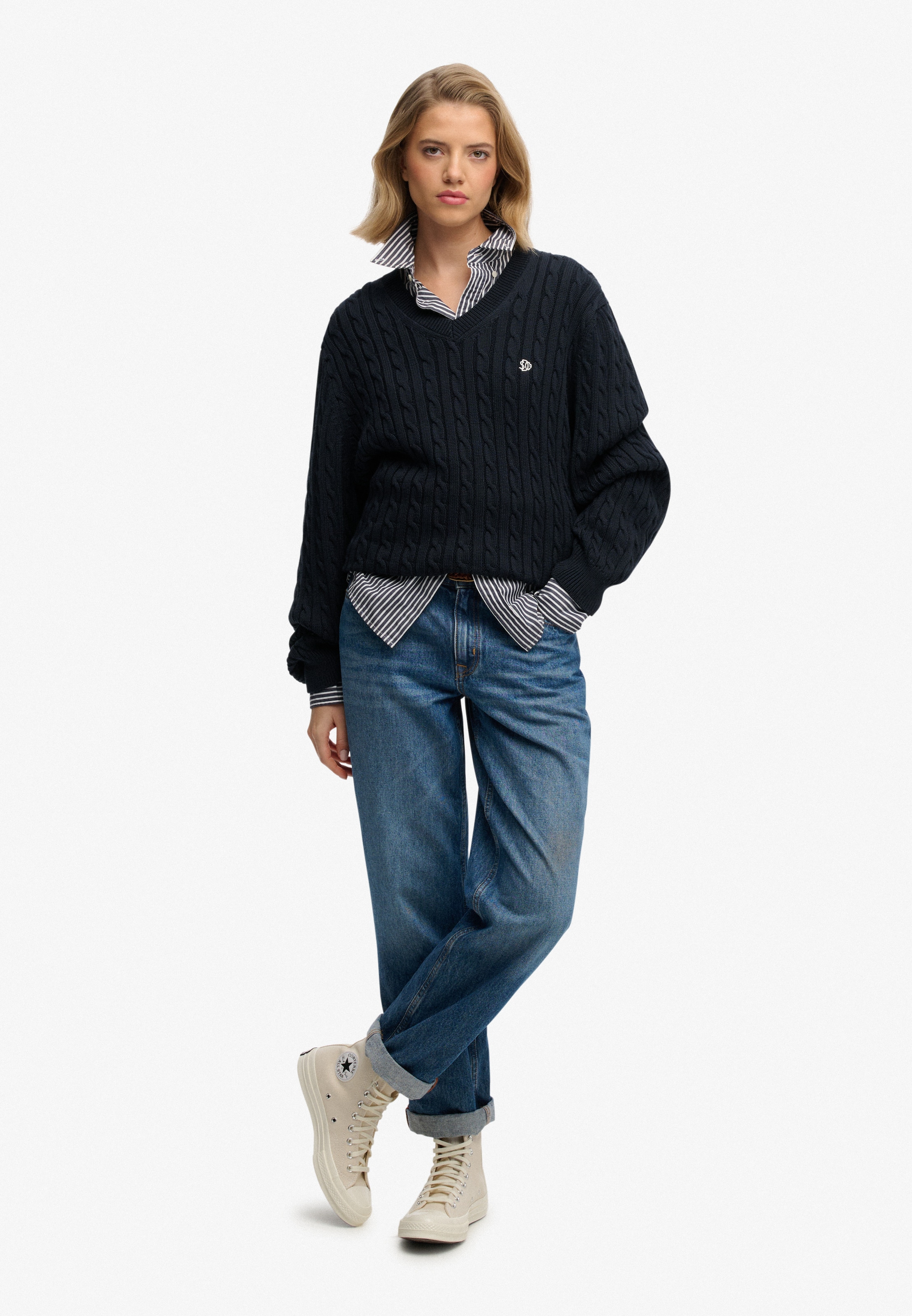 Superdry Pull col V »OVERSIZED CABLE V NECK JUMPER« coton, coupe oversized