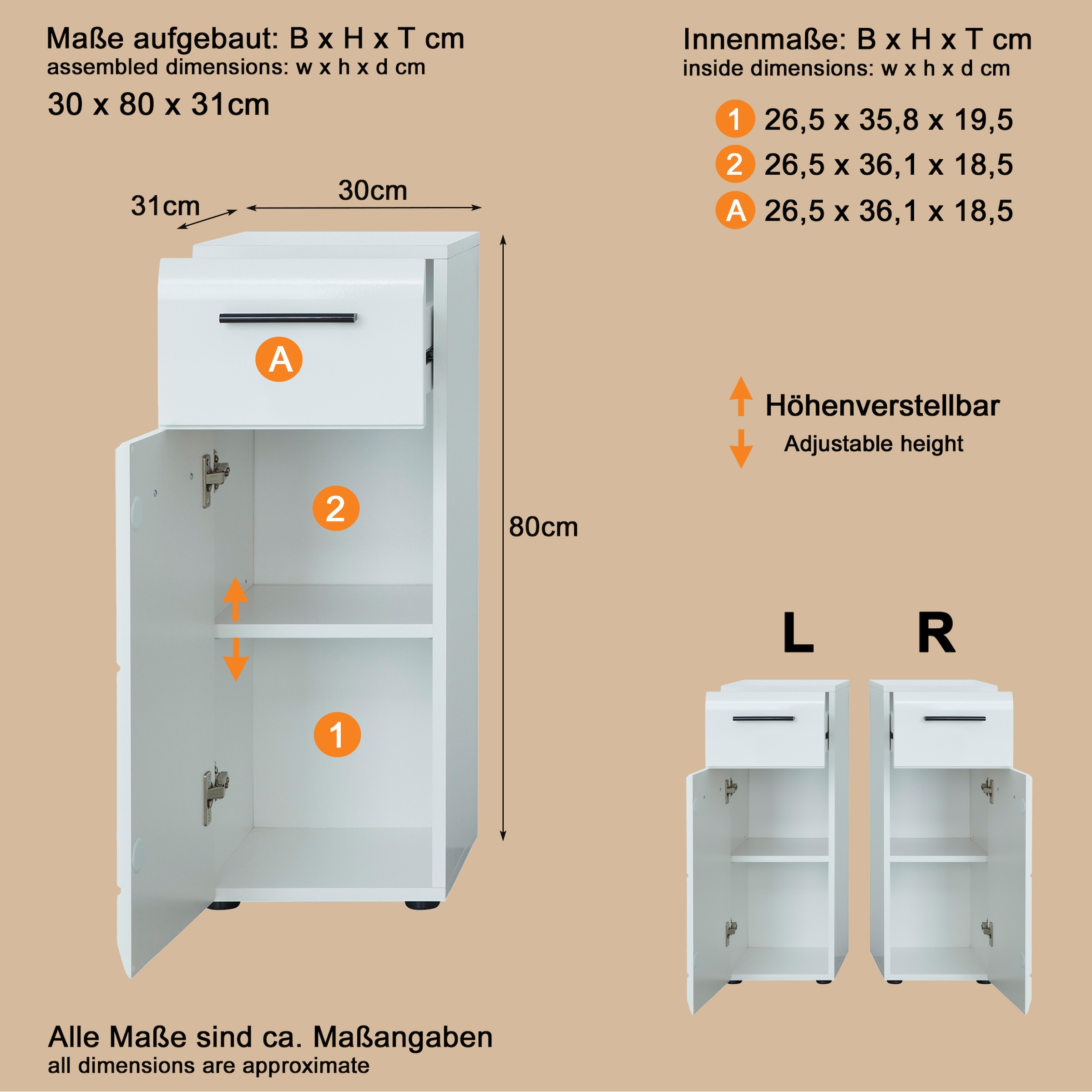 welltime Unterschrank »Sovana«, Kommode mit 1 Tür & 1 Schublade - (B/T/H) 30/31/79 cm
