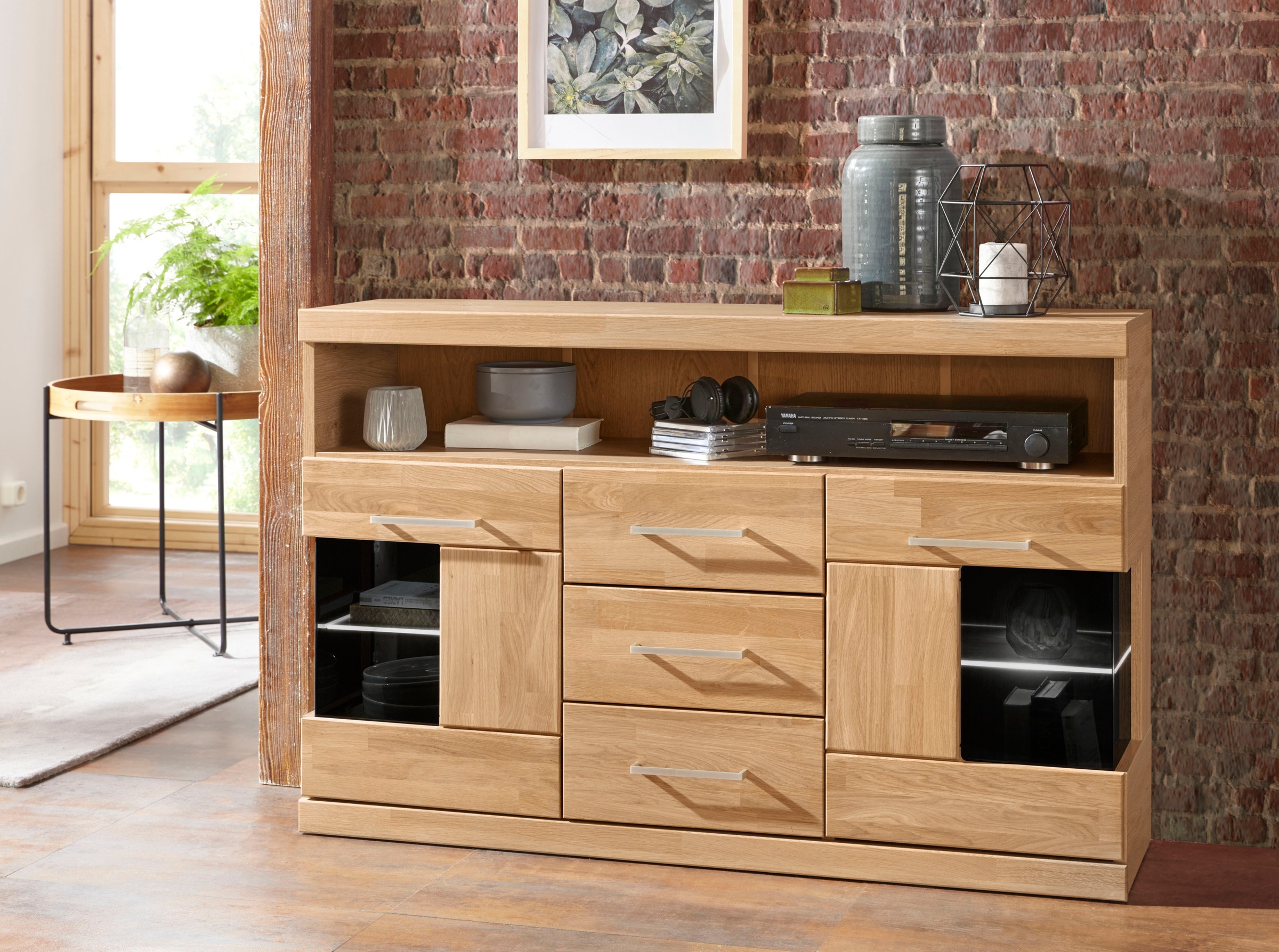 Image of GOODproduct Sideboard "Ribe,125cm breit, Fronten Massivholz,5 Fächer,Böden versetzbar" Korpus Holzwerkstoff,Türen mit Glaseinsatz,3 Schubladen,Metallgriffe