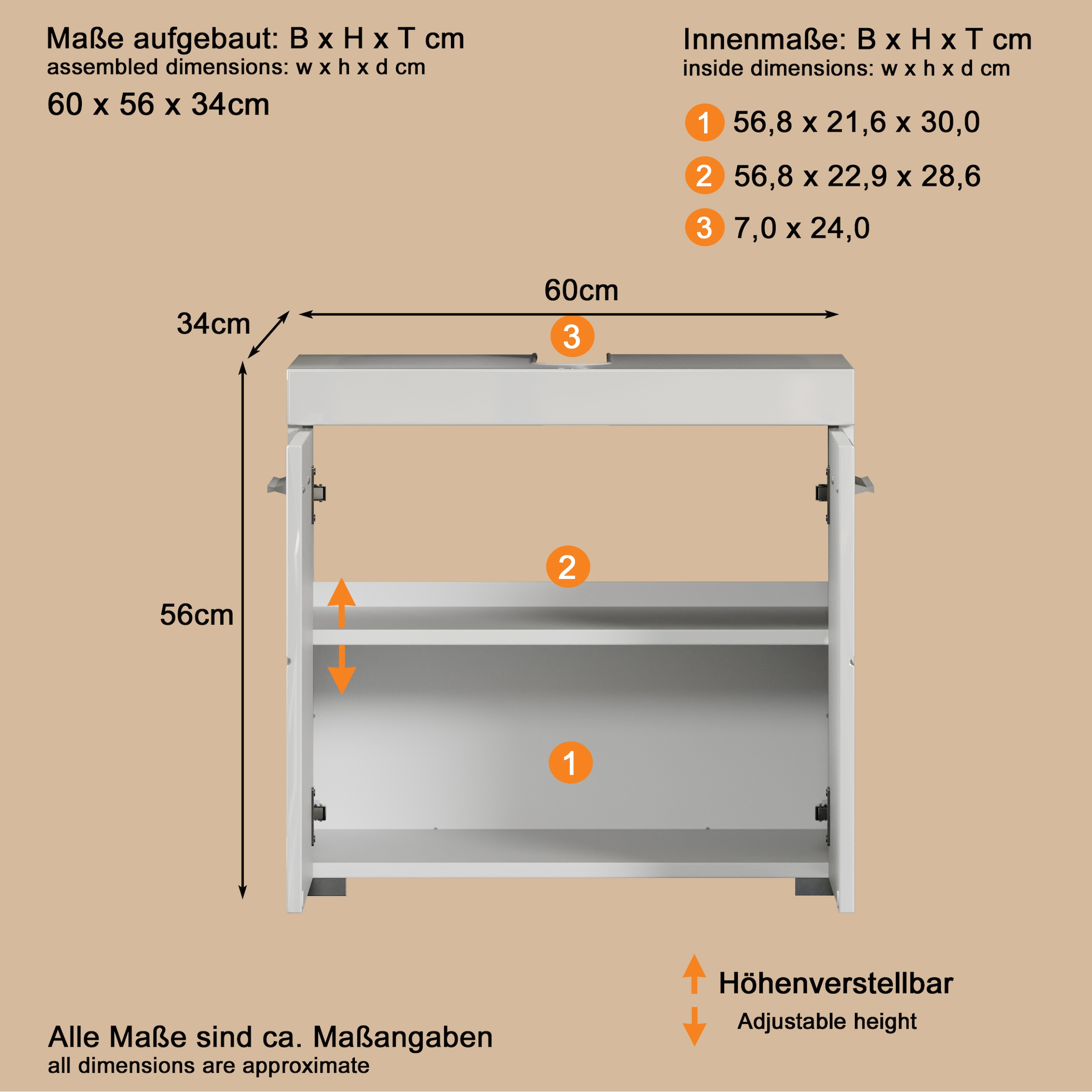 welltime Waschbeckenunterschrank »Avena«, Waschtisch 2türig- Aussparung 26/8 cm - (B/T/H) 60/34/56 cm