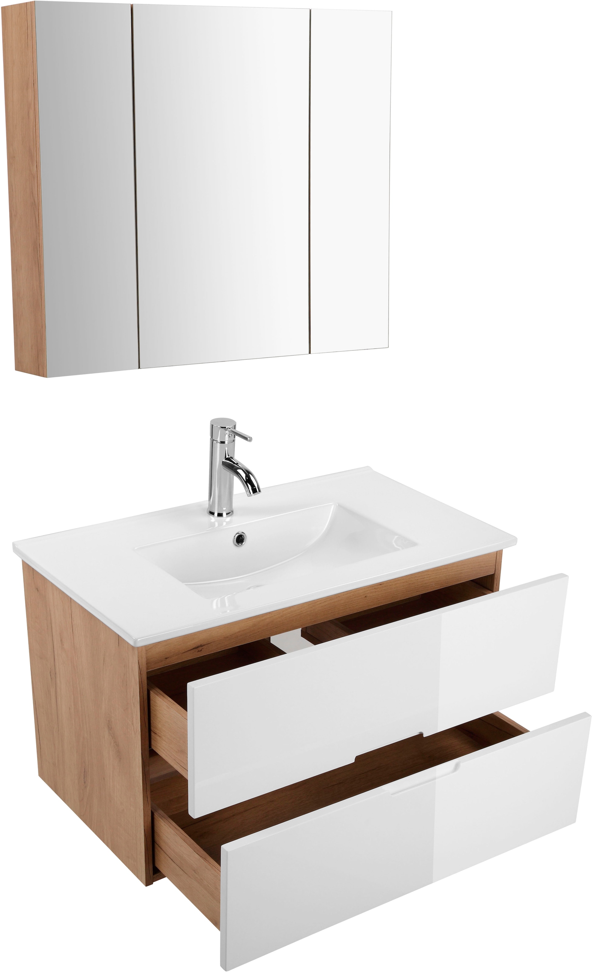 welltime Badmöbel-Set »Lund Badmöbel Set Badschrank Badezimmerset«, (Komplett-Set, 3 St.), Waschtisch, Spiegelschrank und Becken Breite 80cm