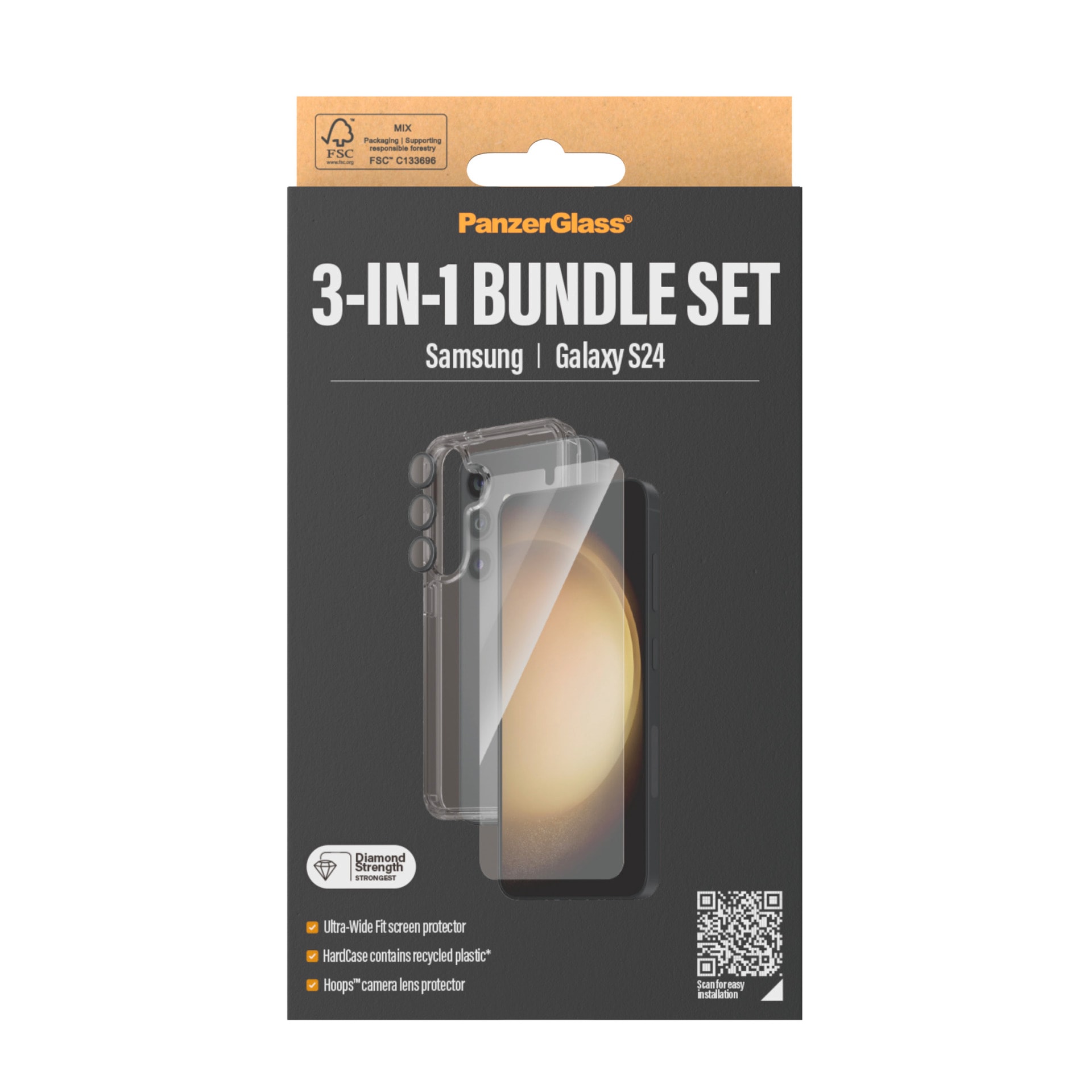PanzerGlass Displayschutzglas »3-in-1 Bundle Set Screen Protector, HardCase, Hoops«, für Samsung Galaxy S24, Displayschutzfolie, Schutzfolie, Bildschirmschutz, kratz- & stossfest