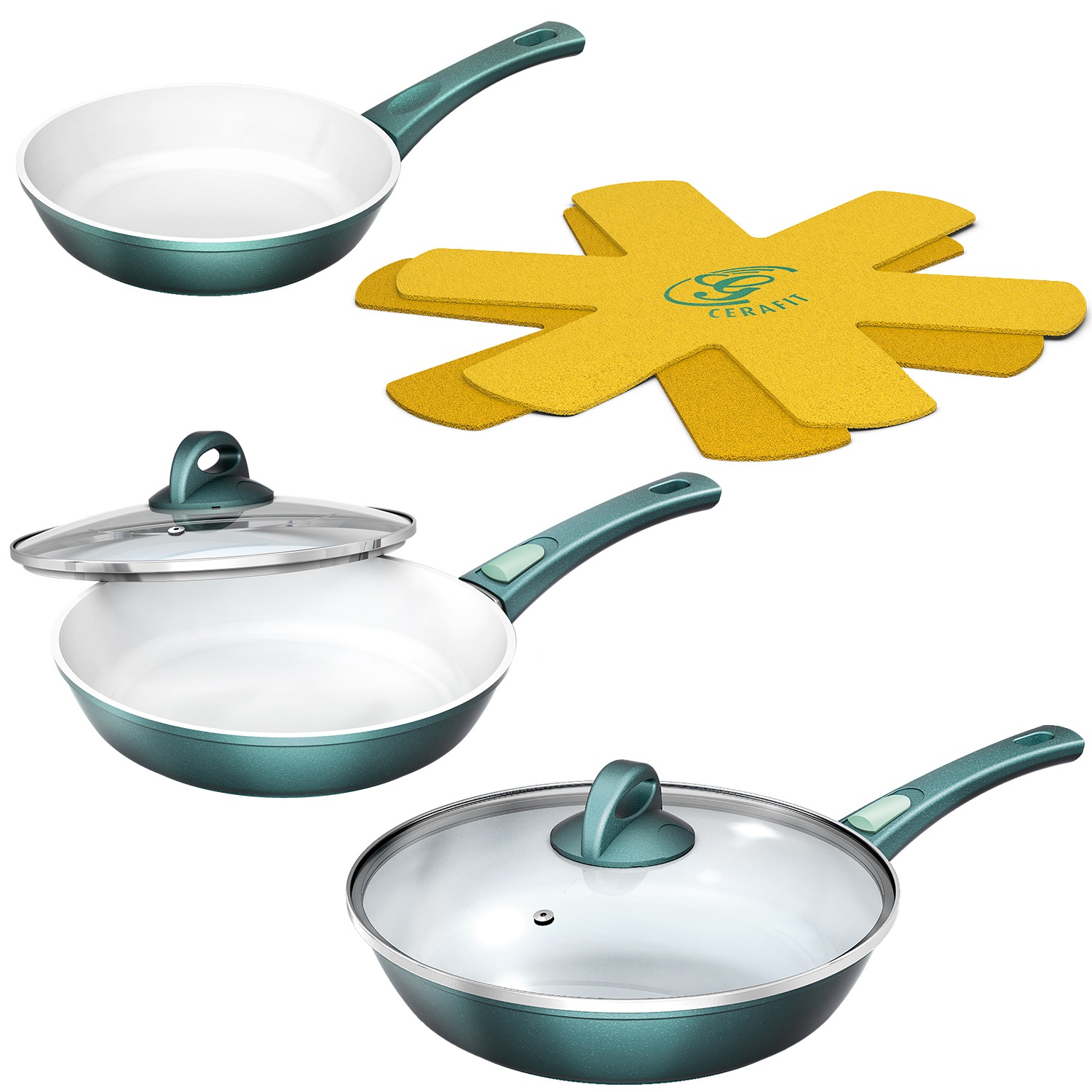 Image of Genius Pfannen-Set »Cerafit Fusion«, Set, 7 tlg., 1x Pfanne (Ø 24 cm, Griff abnehmbar) 1x Glasdeckel (Ø 24 cm) 1x Pfanne (Ø 28 cm, Griff abnehmbar) 1x Glasdeckel (Ø 28 cm) 1x Pfanne (Ø 20 cm, Griff fest) 2x Vlies-Einleger bei Ackermann Versand Schweiz