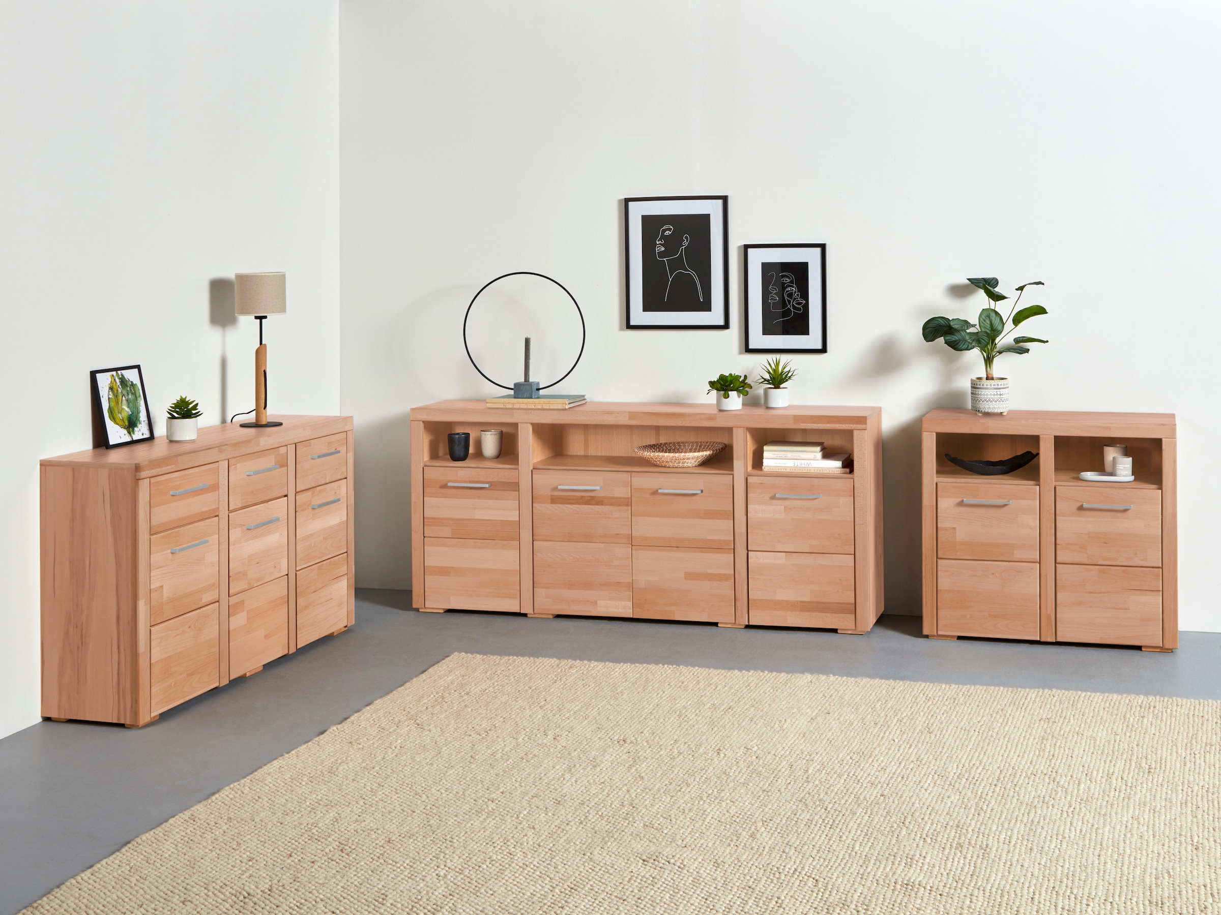 Home affaire Kommode »Falco,89cm breit,35 cm tief, Fronten Massivholz«, Kernbuche massiv, Holzwerkstoff, Metall Griffe,6Fächer