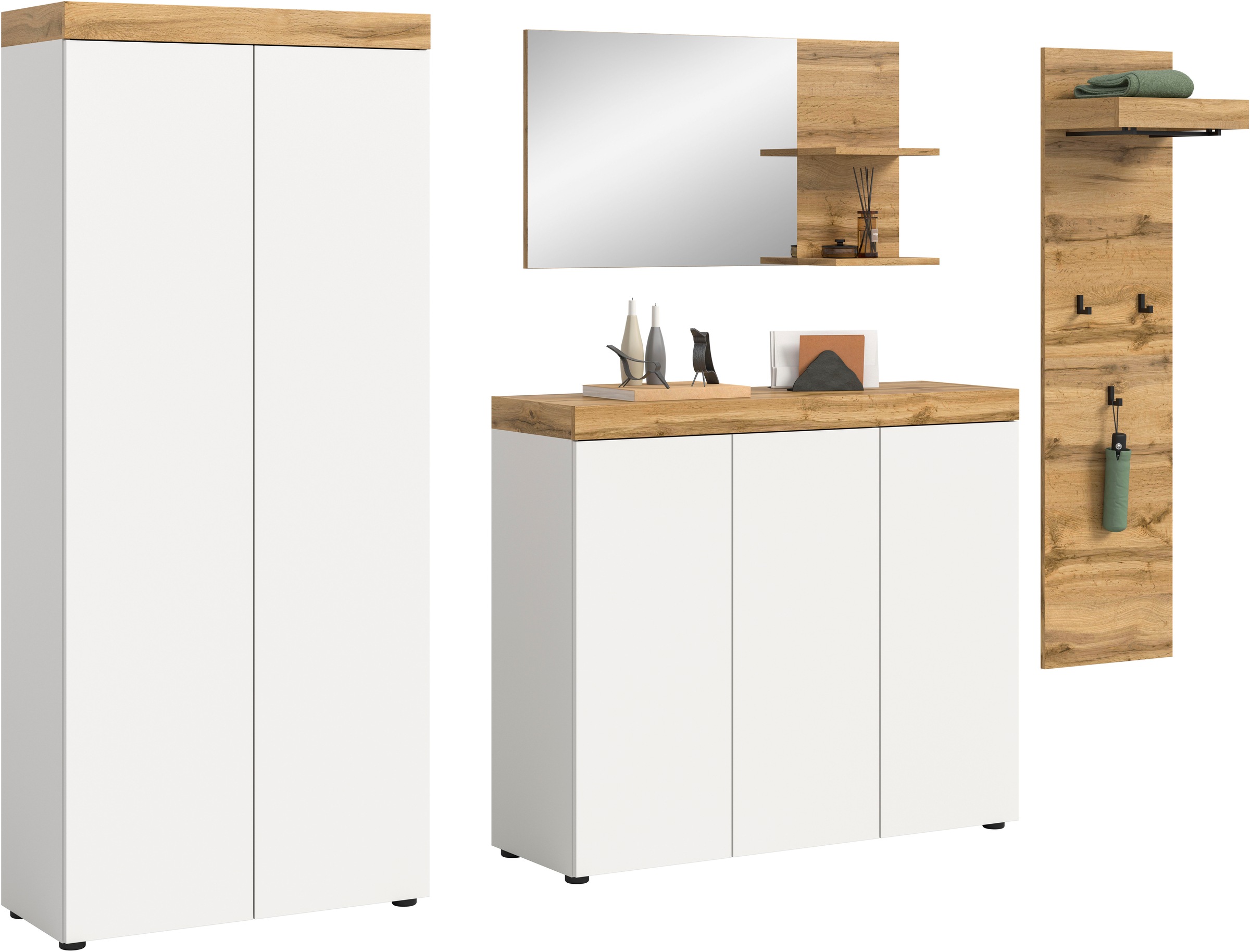 Image of GOODproduct Garderoben-Set "MAMBO, 4-teilige Kombination, stehend & hängend montierbar" bestehend aus: Garderobenschrank, Kommode, Spiegel, Garderobenpaneel, 4 Stk. tlg.