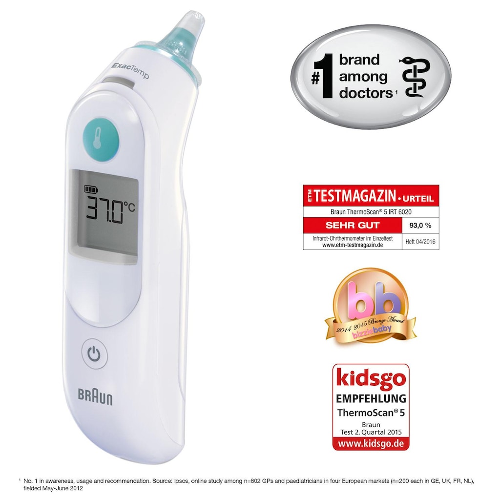 Braun Ohr-Fieberthermometer »ThermoScan 5 IRT6020«, Inklusive 21 Einweg Schutzkappen