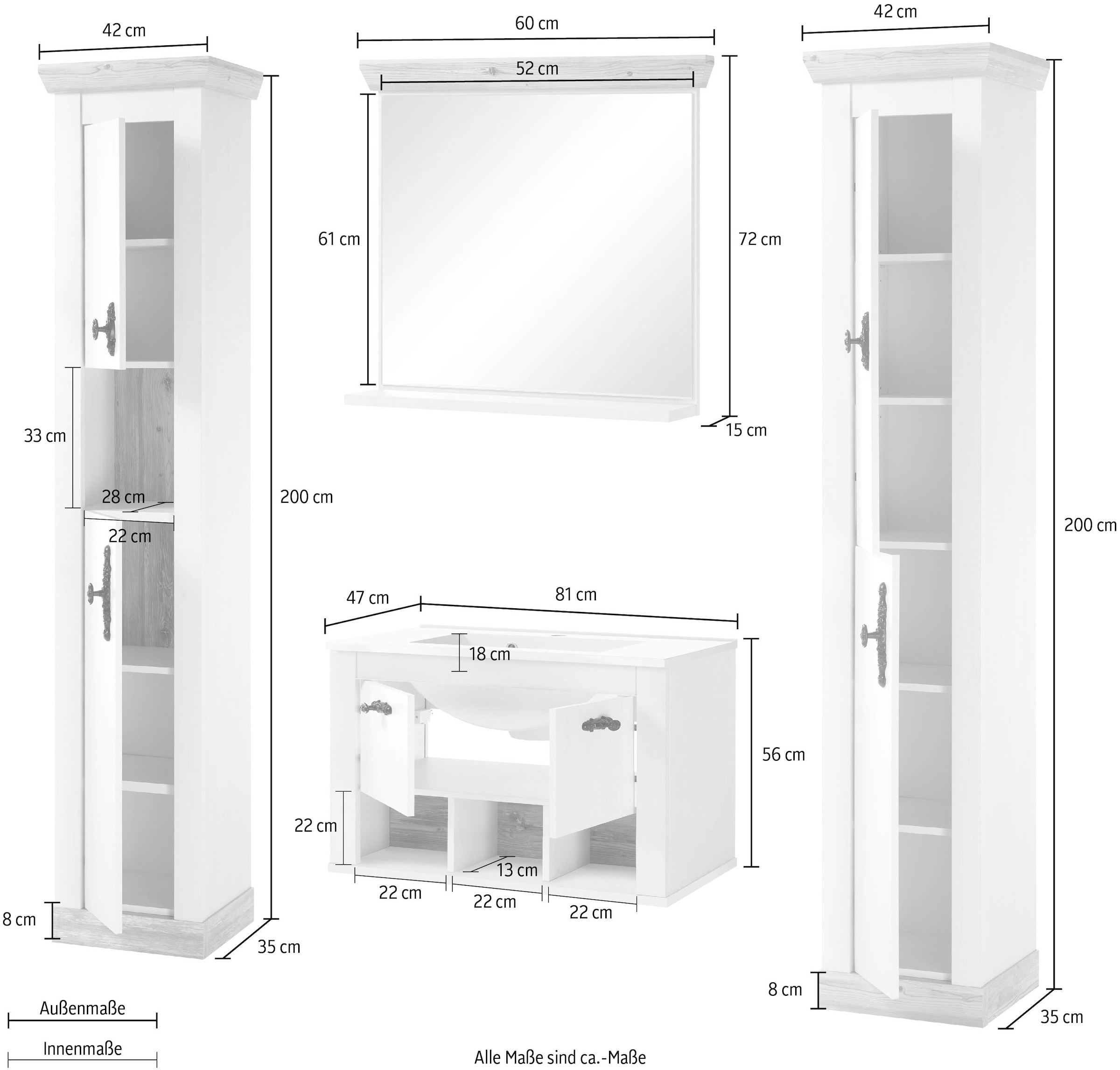 Home affaire Badmöbel-Set »Florenz, Bad im Landhausstil, 4-teiliges Badezimmer«, (4 St.), Hänge-Waschtisch, Schränke und Spiegel, in Pinie Weiss, Stauraum
