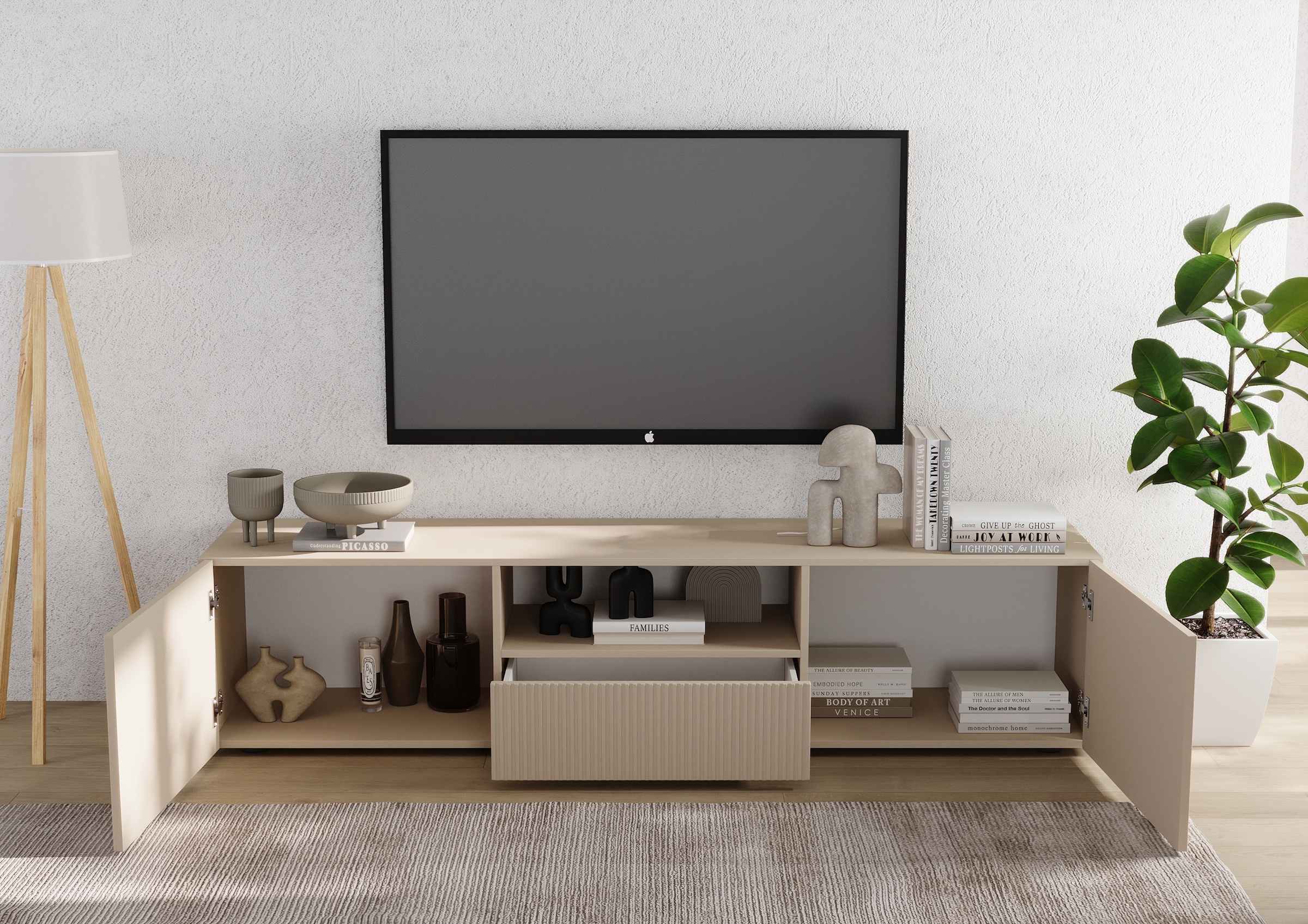 INOSIGN Lowboard »Rio Breite 181 cm, TV-Board 2 Türen u. 1 Schubkasten, TV-Schrank« geriffelte MDF-Fronten, modern u. elegant, Kabelführung, viel Stauraum