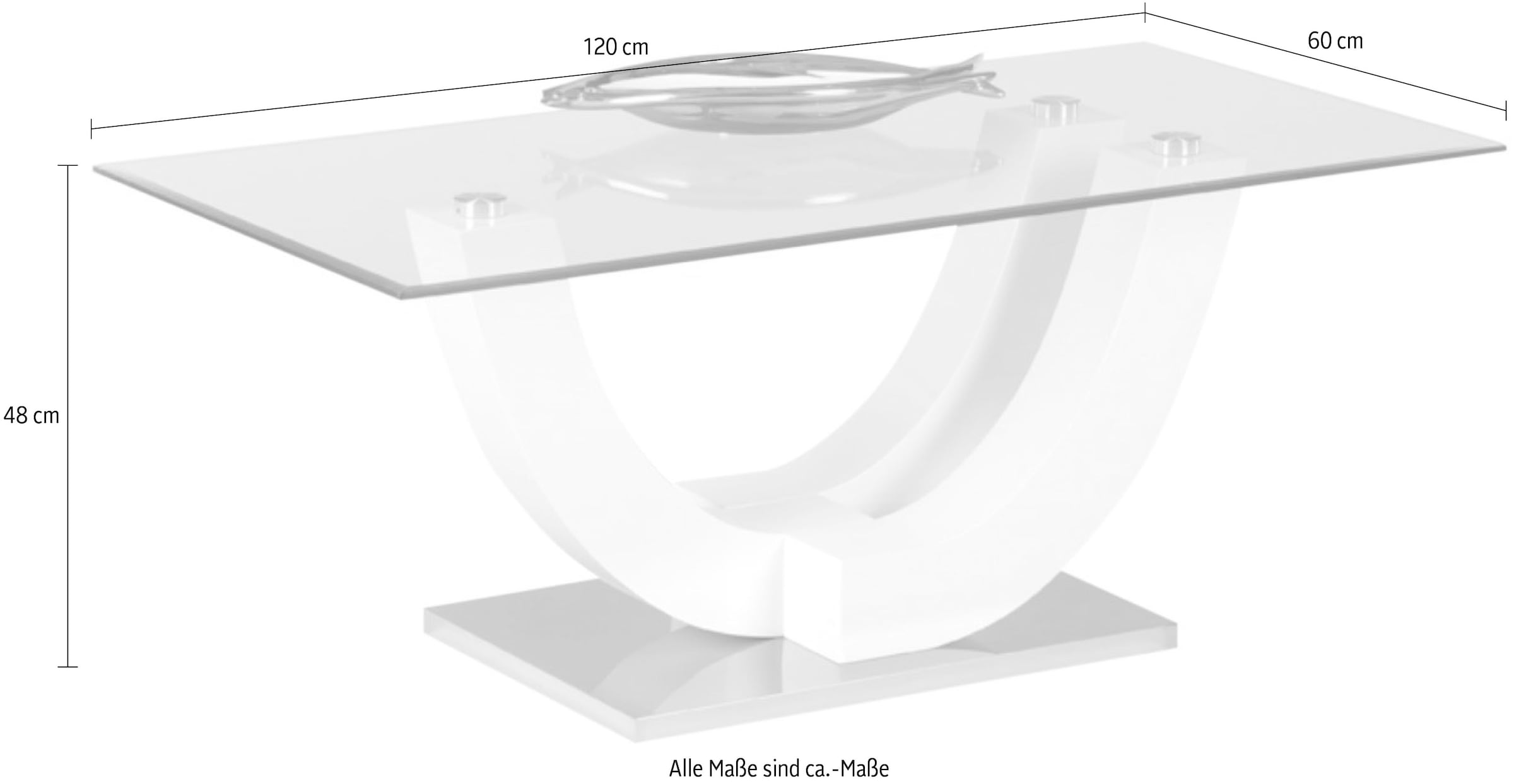 Stolkom Couchtisch »Swing Glastisch, Wohnzimmertisch mit Glas, BxHxT 120x48x60 cm«, Sicherheitsglas 8mm stark, Gestell U-förmig in weiss hochglanz lackiert