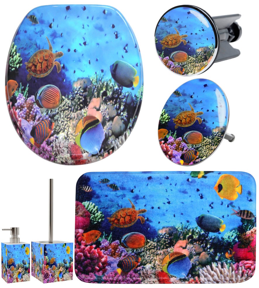Image of Sanilo Badaccessoire-Set "Ocean" bestehend aus WC-Sitz, Badteppich, Stöpsel, Seifenspender, WC-Bürste