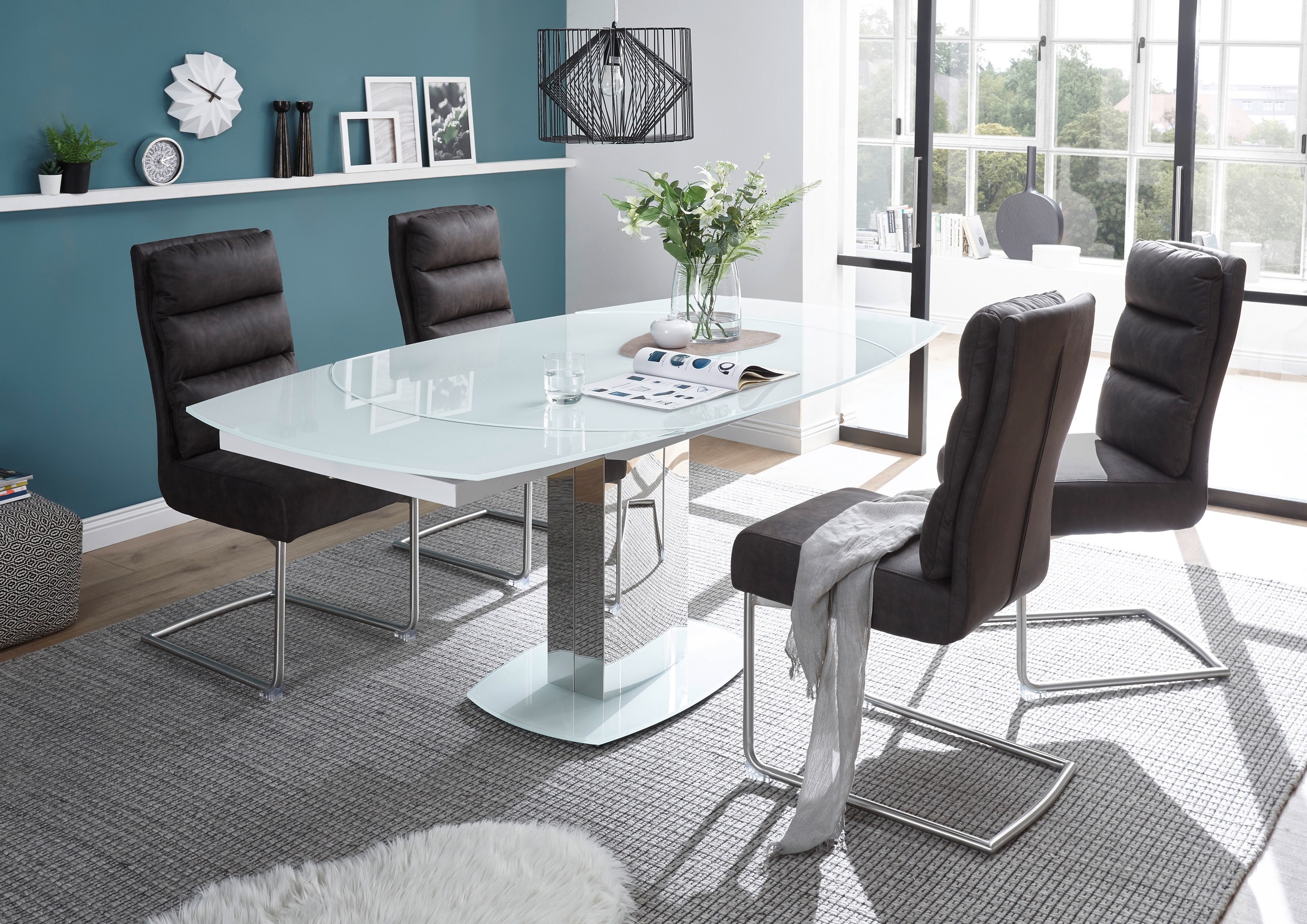 Stolkom Esstisch »Jackson Glastisch Weiss, Tisch ausziehbar, BxHxT 130-190x75x105 cm«, Automatische beidseitiger Drehauszug, Tischplatte in Super White