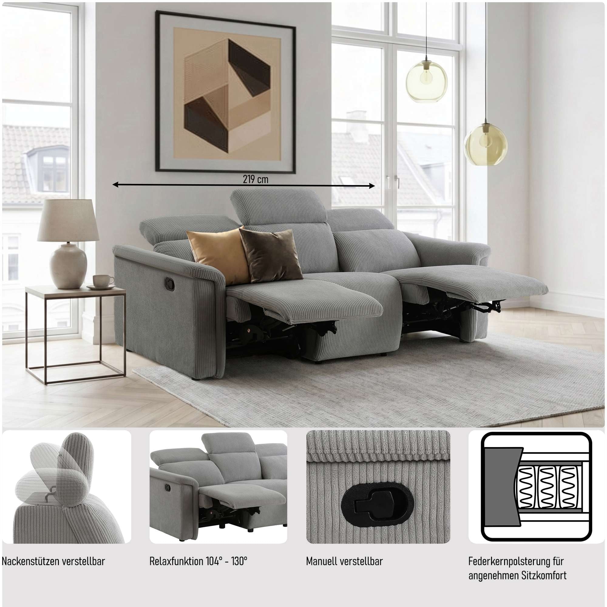 GOODproduct 3-Sitzer »LUND NEW Cord (219cm), manuelle/elektrische Relaxfunktion in 2 Sitzen« USB-A/C bei elektrischer Variante und Kopfteilverstellung