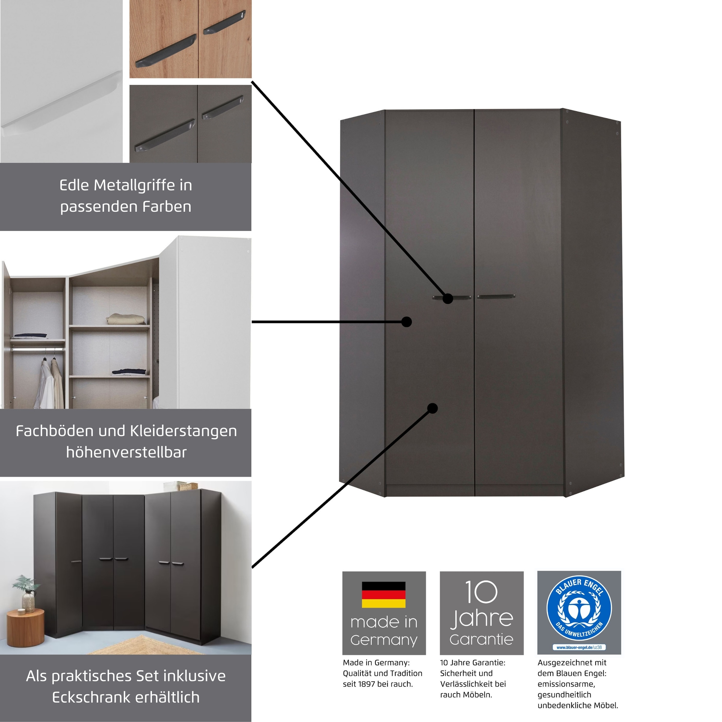 rauch Eckschrank »Kleiderschrank Schrank Garderobe Wäscheschrank VANDOR« voll ausgestattet, viel Stauraum, MADE IN GERMANY