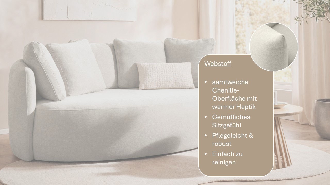GOODproduct 2,5-places »Kaarl, rundes Loungesofa, Sofa mit Kissen, perfekt gepolstert« Webstoff, in fünf Farben, zeitloses Design, inkl. 5 Rückenkissen
