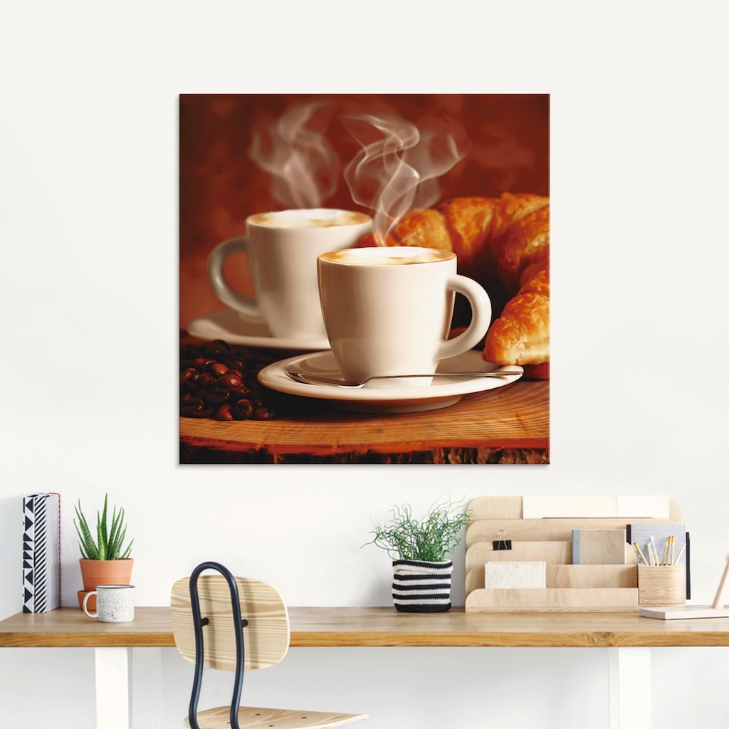 Artland Glasbild »Dampfender Cappuccino und Croissant«, Getränke, (1 St.)