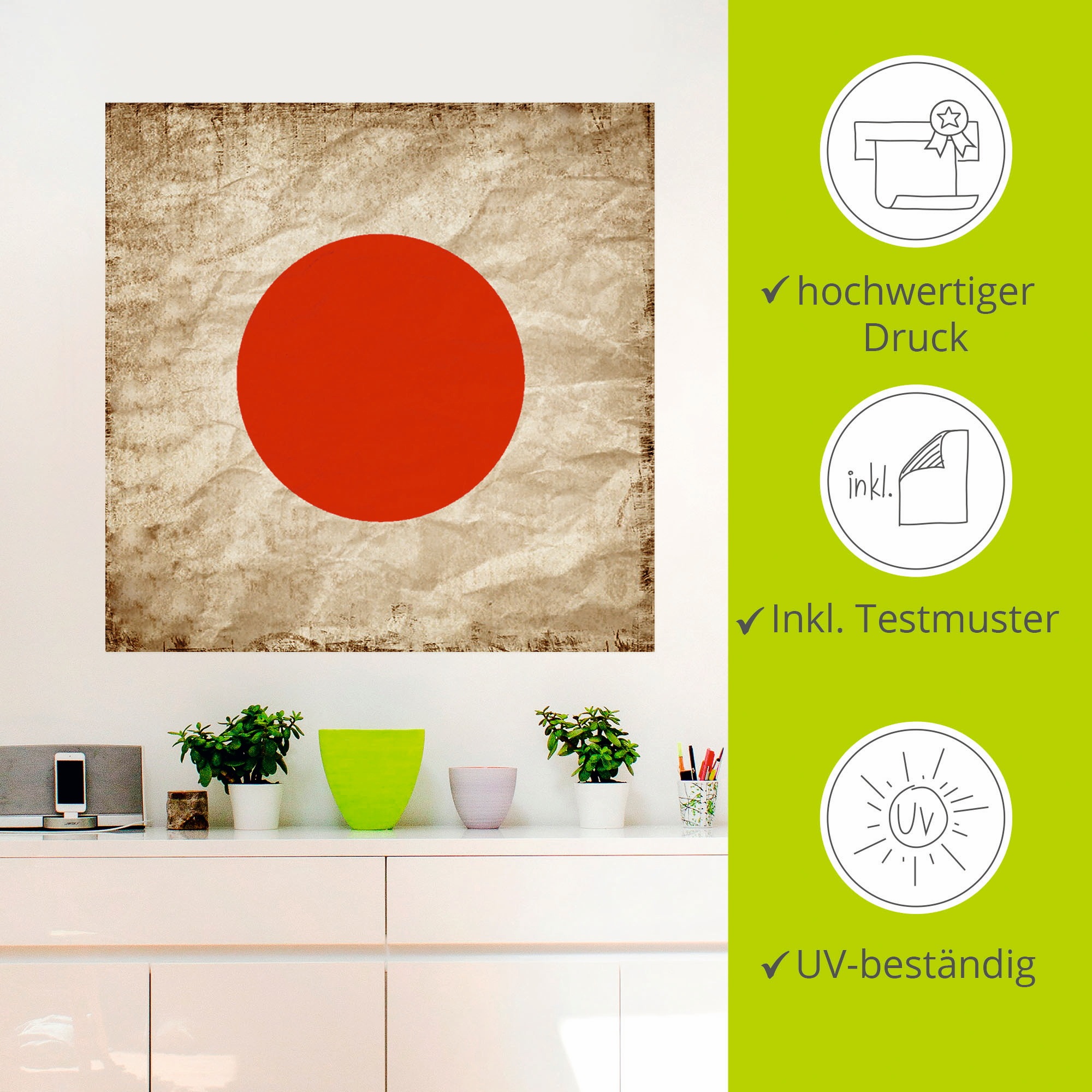 Artland Wandbild »Japanische Flagge Japan Symbol«, Zeichen, (1 St.), als Leinwandbild, Wandaufkleber in verschied. Grössen
