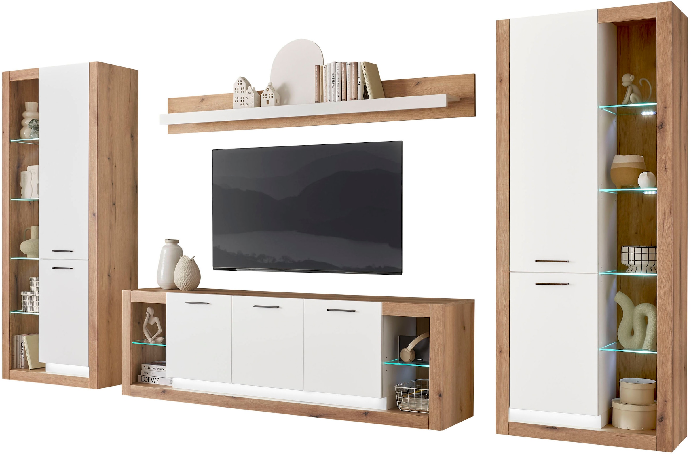 INOSIGN Wohnwand »Brixen, moderne Anbauwand, Wohnzimmer-Set, Eiche Evoke Dekor mit Weiss«, (Set, 4 St.), enthält Stauraumelemente, Lowboard und Wandboard