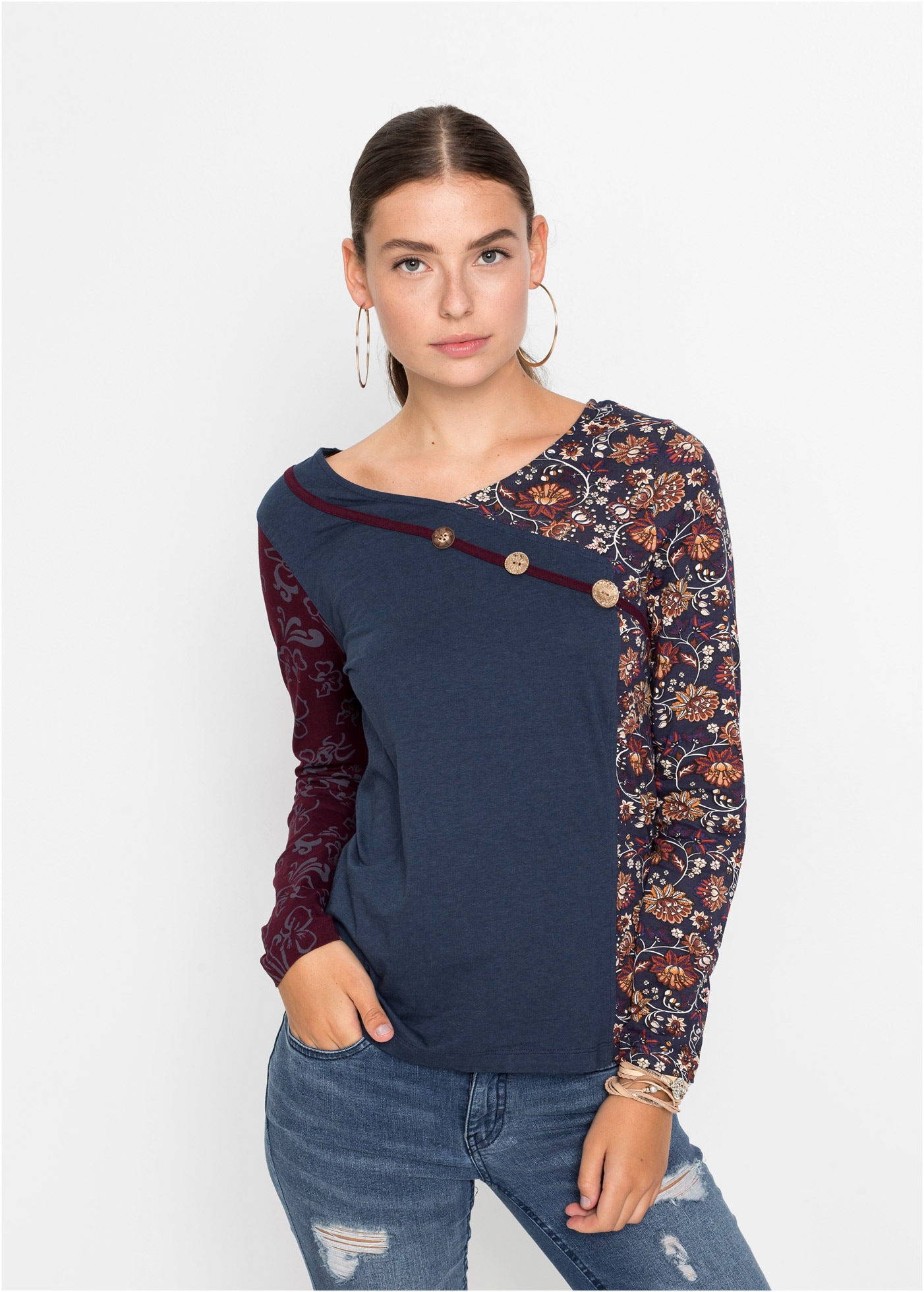 Image of bonprix Langarmshirt Material- und Mustermix mit Blumenprint, mit V-Ausschnitt