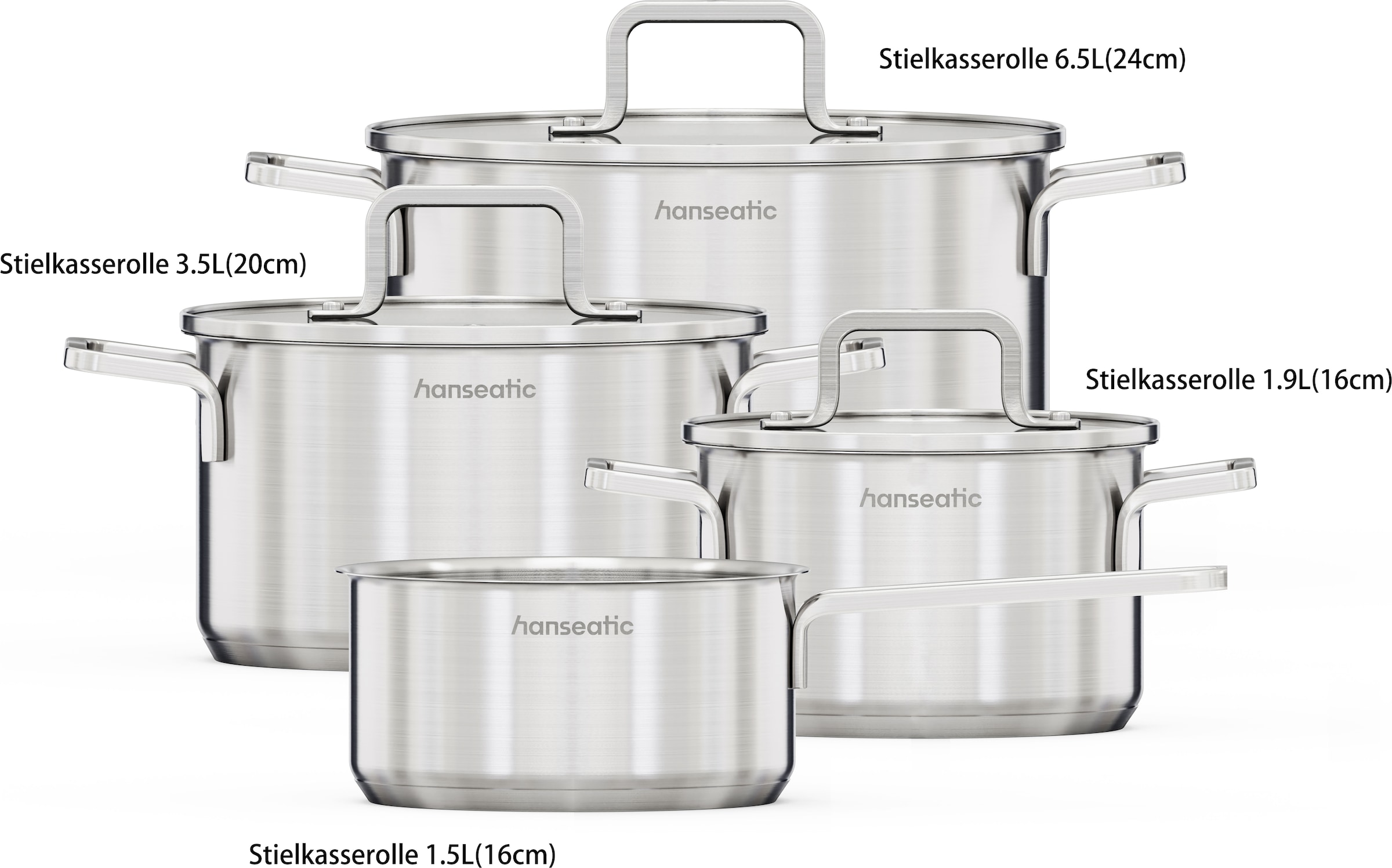 Hanseatic Topf-Set »DAILY« Set, Stielkasserolle 16 cm, Kochtopf 16/20/24 cm, 7 tlg. Edelstahl 18/10