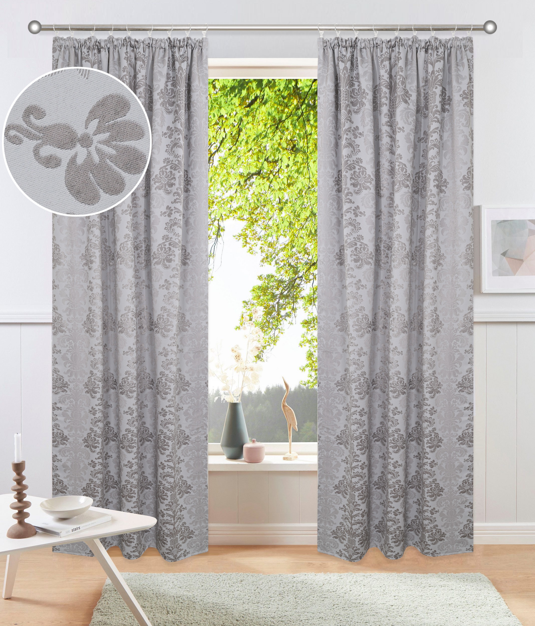 GOODproduct Rideau occultant »Mannfred, 1 Stück, Kräuselband, Blickdicht, barockem Muster« Bande volante 1 cuis tlg. opaque, motif baroque, facile d'entretien, suspension à ruban froncé