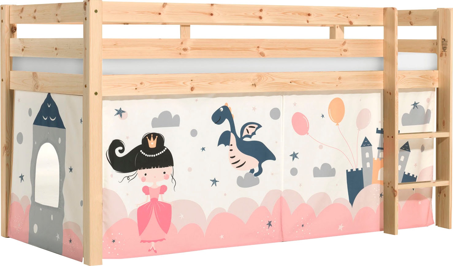 Vipack Lit de jeu »Pino, Kiefer massiv, mit Rolllattenrost u. Textil-Set, Made in Europe« L/H/P env. 210x114x106 cm, avec échelle et protection anti-chute,  différents dessins textiles, 3 couleurs de cadre au choix