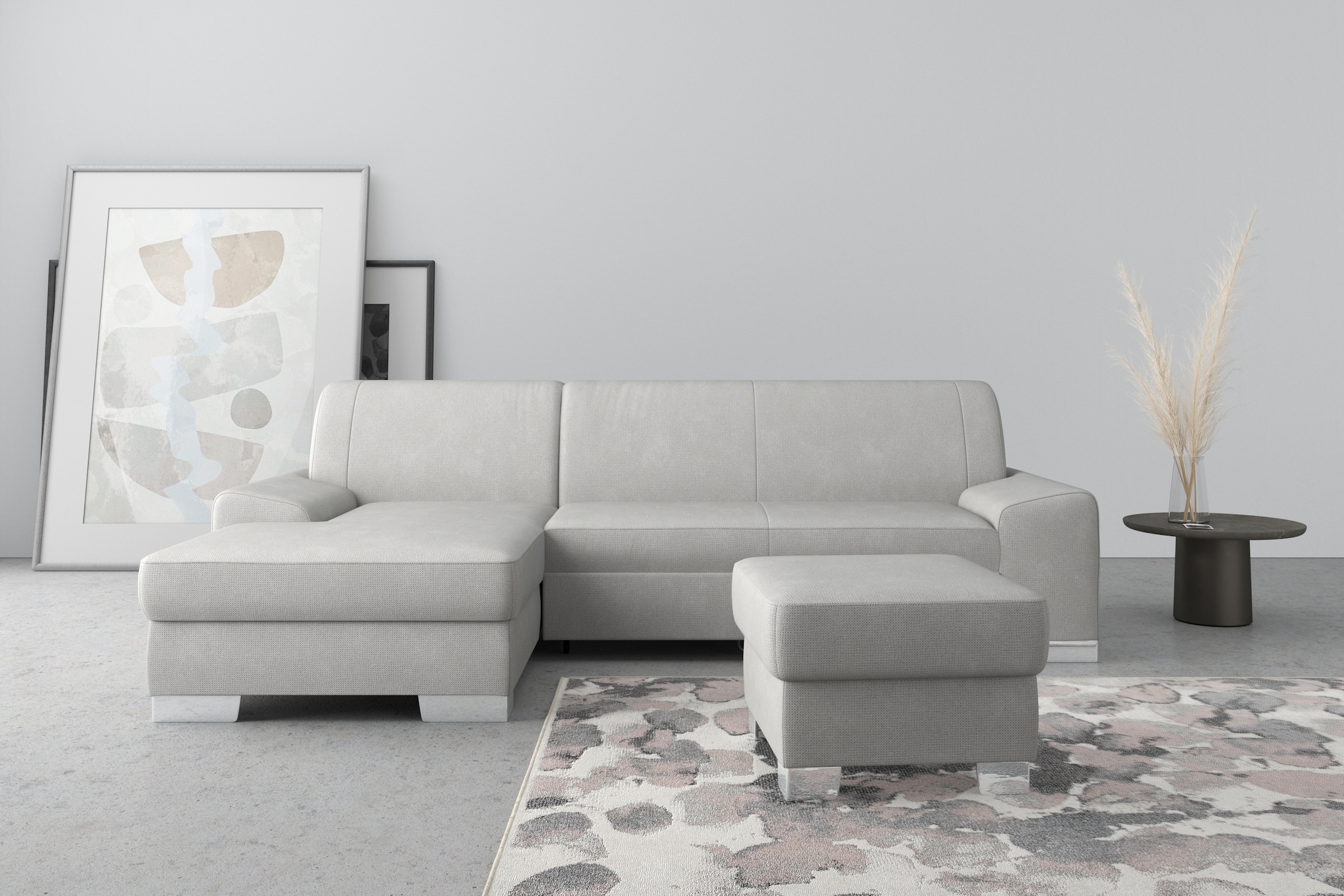 Image of DOMO collection Ecksofa "Anzio L-Form, whlw. Bettfunktion, Federkern, hochwertig, Breite 271 cm" Mit Bettfunktion, Recamiere links, Chenille-Struktur, hellgrau