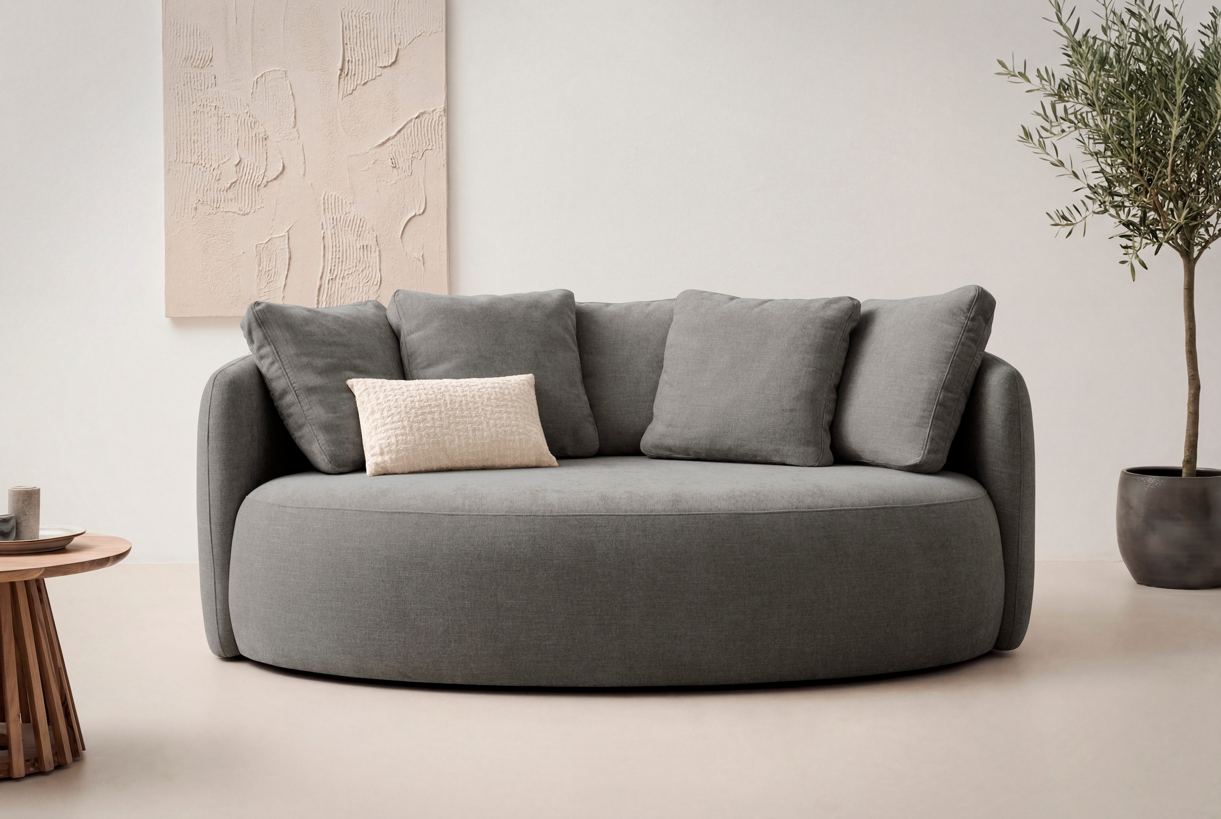 GOODproduct 2,5-Sitzer »Kaarl, rundes Loungesofa, Sofa mit Kissen, perfekt gepolstert« Webstoff, in fünf Farben, zeitloses Design, inkl. 5 Rückenkissen