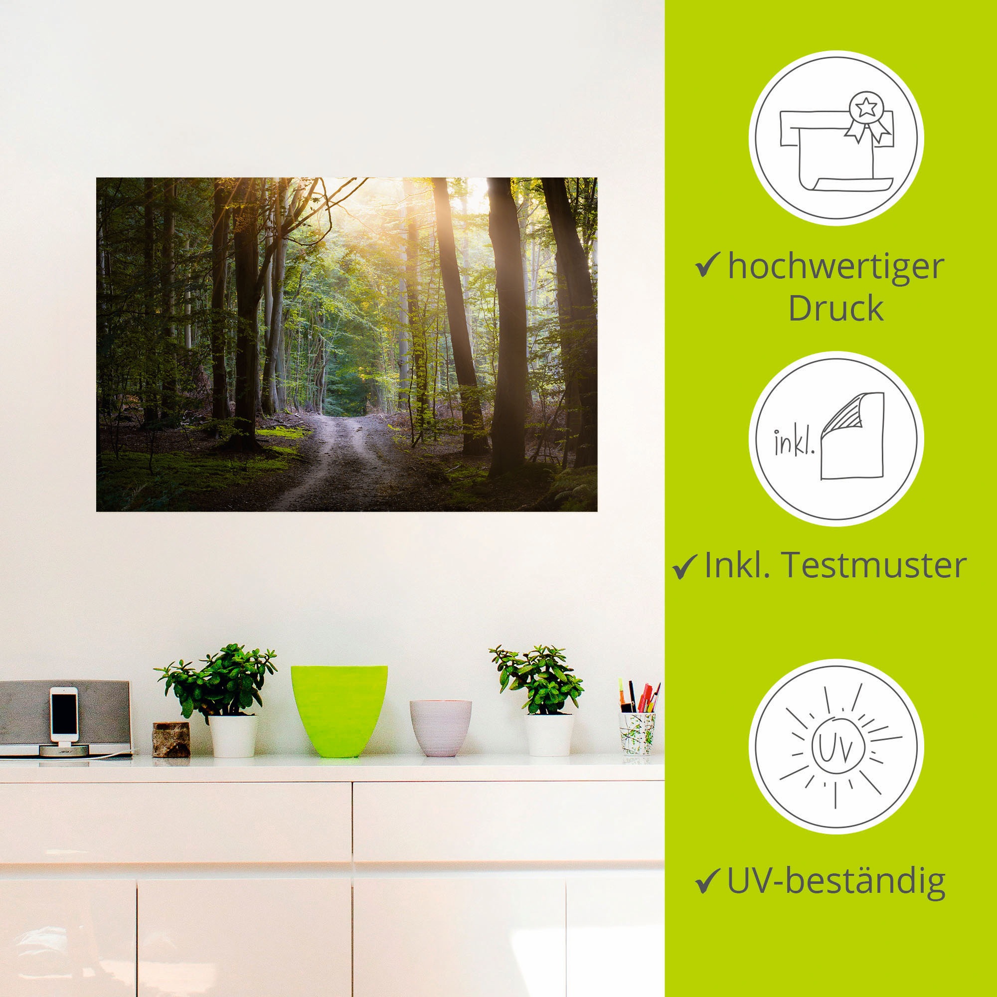 Artland Wandbild »Waldweg im Licht«, Waldbilder, (1 St.), als Alubild, Leinwandbild, Wandaufkleber oder Poster in versch. Grössen