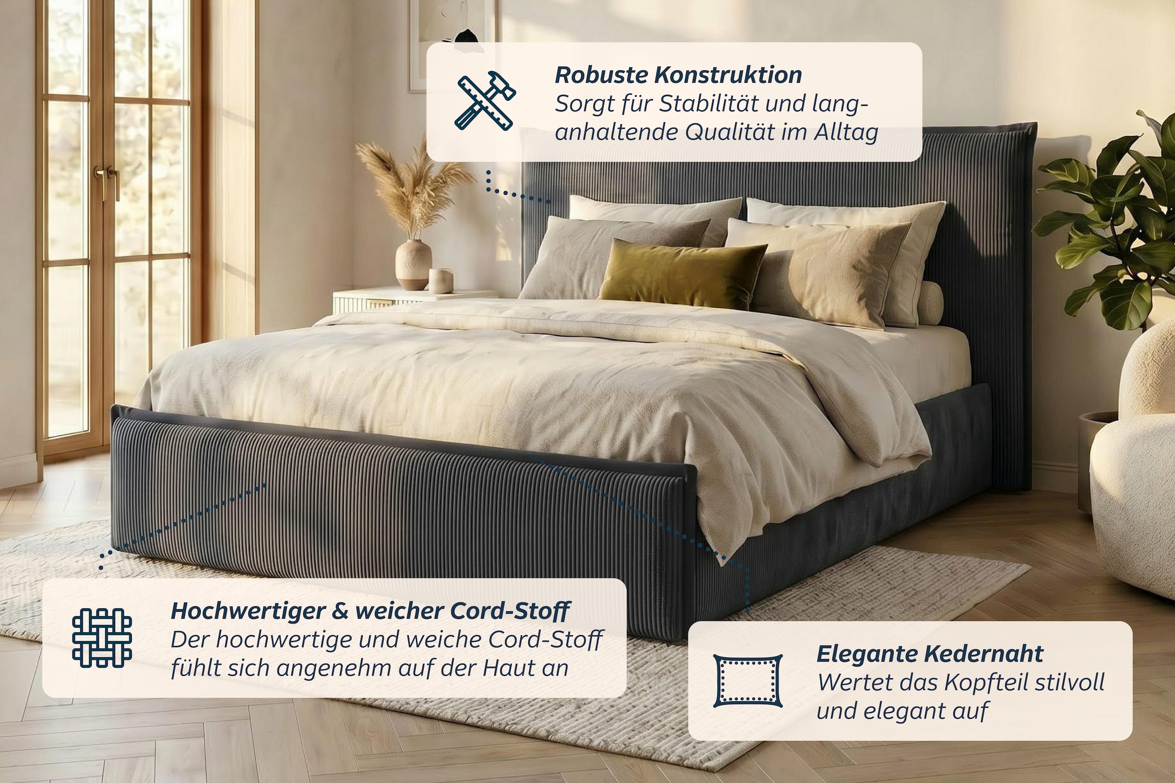 GOODproduct Lit rembourré »AVVILA, wahlweise mit Lattenrost und King-Matratze H3 (28cm)« avec revêtement en velours côtelé de haute qualité