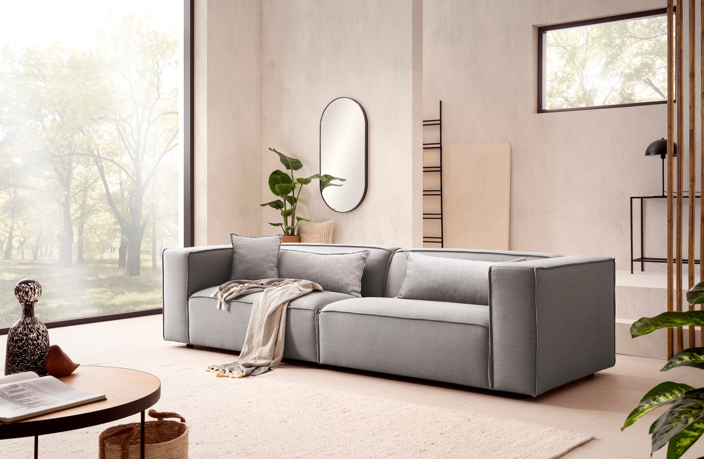 LeGer Home by Lena Gercke 3-Sitzer »PIARA, Couch mit Kedernaht, Sofa in Cord oder Leinenoptik«, schwarze Füsse, bequemer Sitzkomfort
