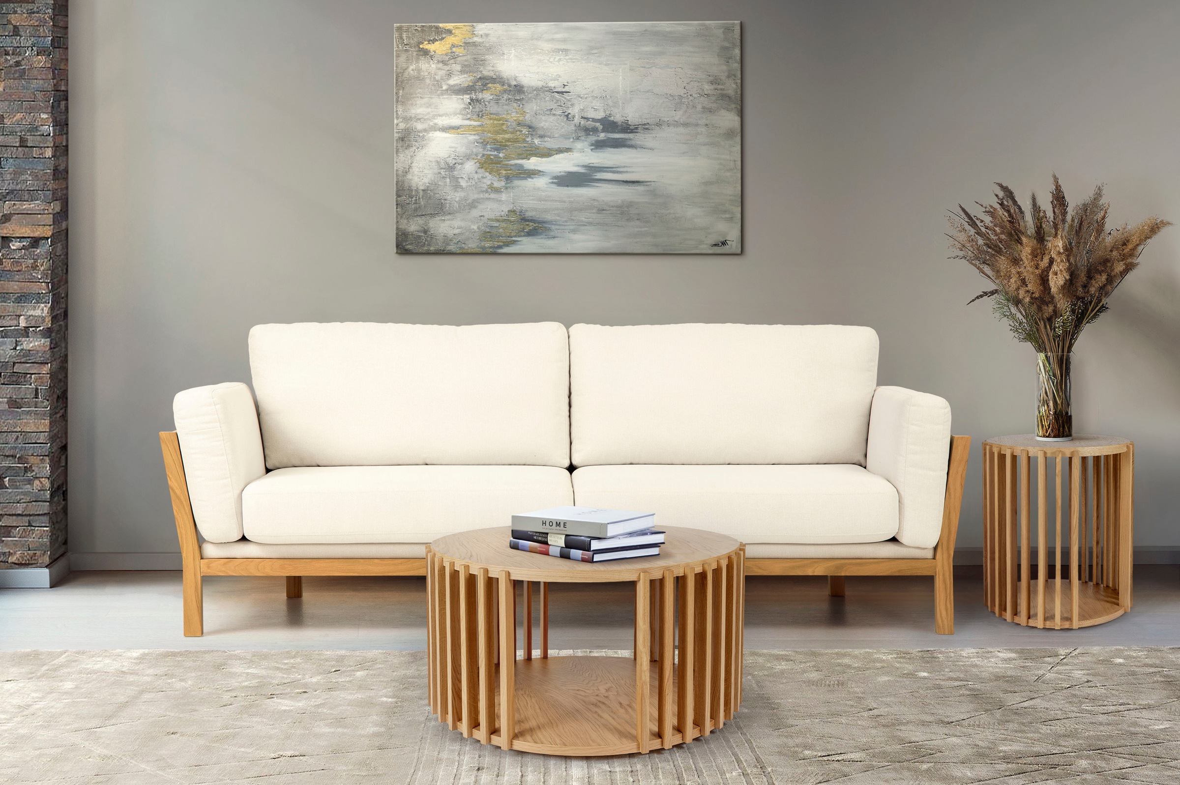 Woodman Couchtisch »Drum, Breite/Tiefe/Höhe: 83/83/42 cm«, Holzfurnier aus Eiche, Sprossen aus massiver Eiche