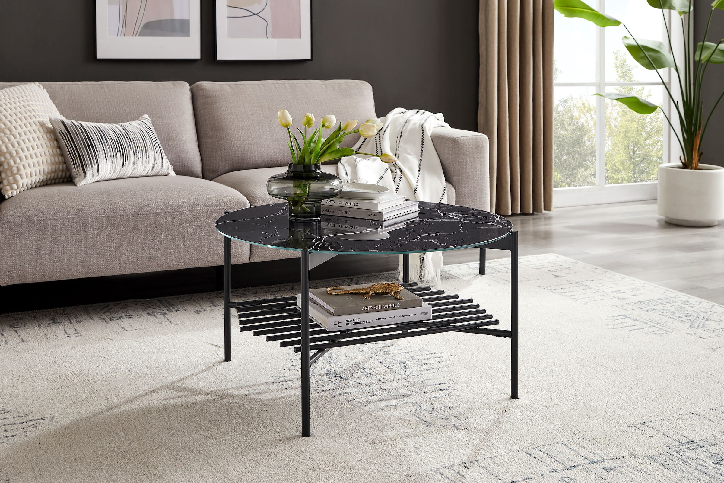 Image of SalesFever Couchtisch "Coffeetable Wohnzimmertisch im minimalistischen Stil" 1 Stk. tlg. Glasplatte in Marmoroptik