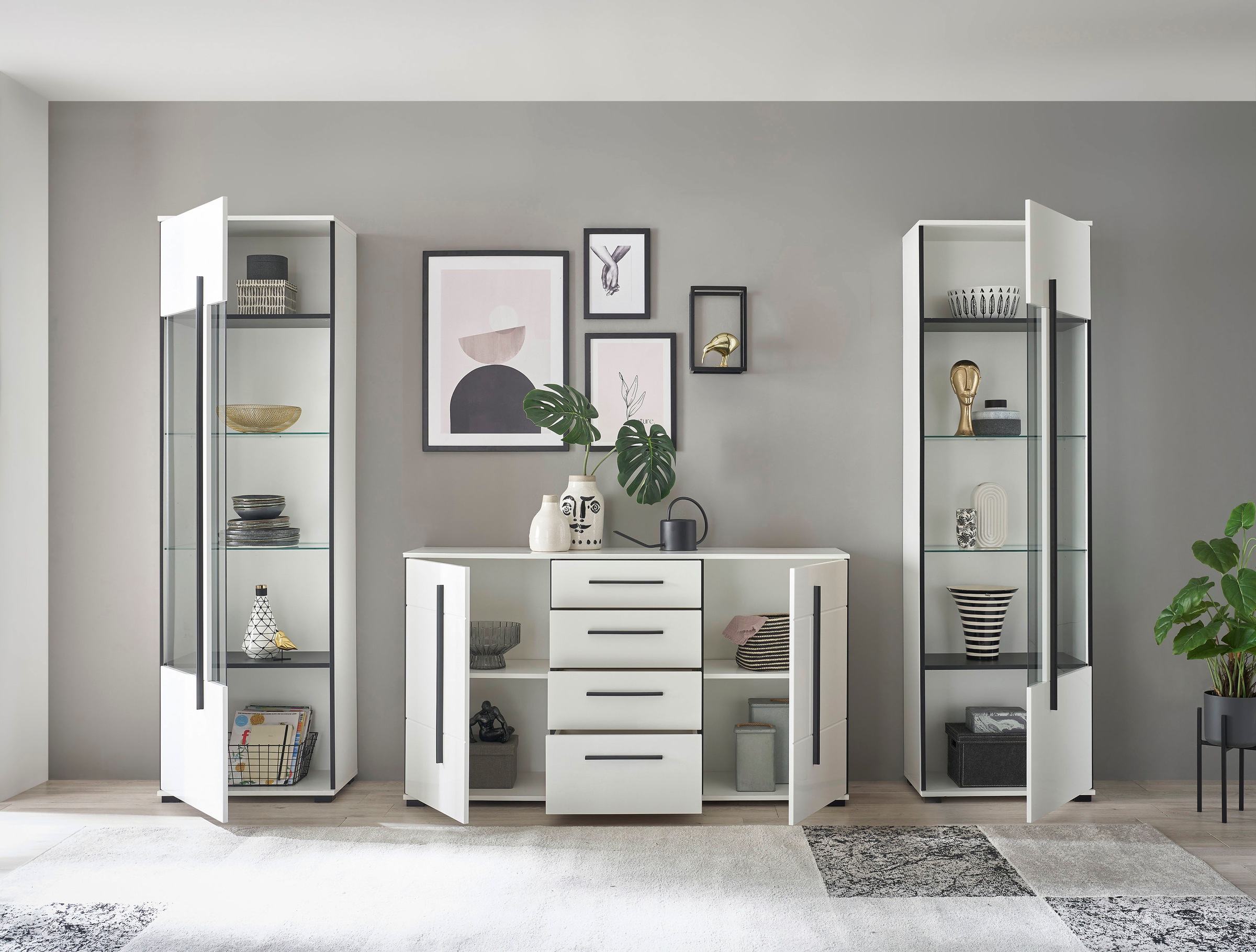 INOSIGN Wohnwand »Cantara, moderne Anbauwand, Wohnzimmer-Set, in Eiche Evoke oder Weiss«, (Set), enthält zwei Vitrinen und ein Sideboard