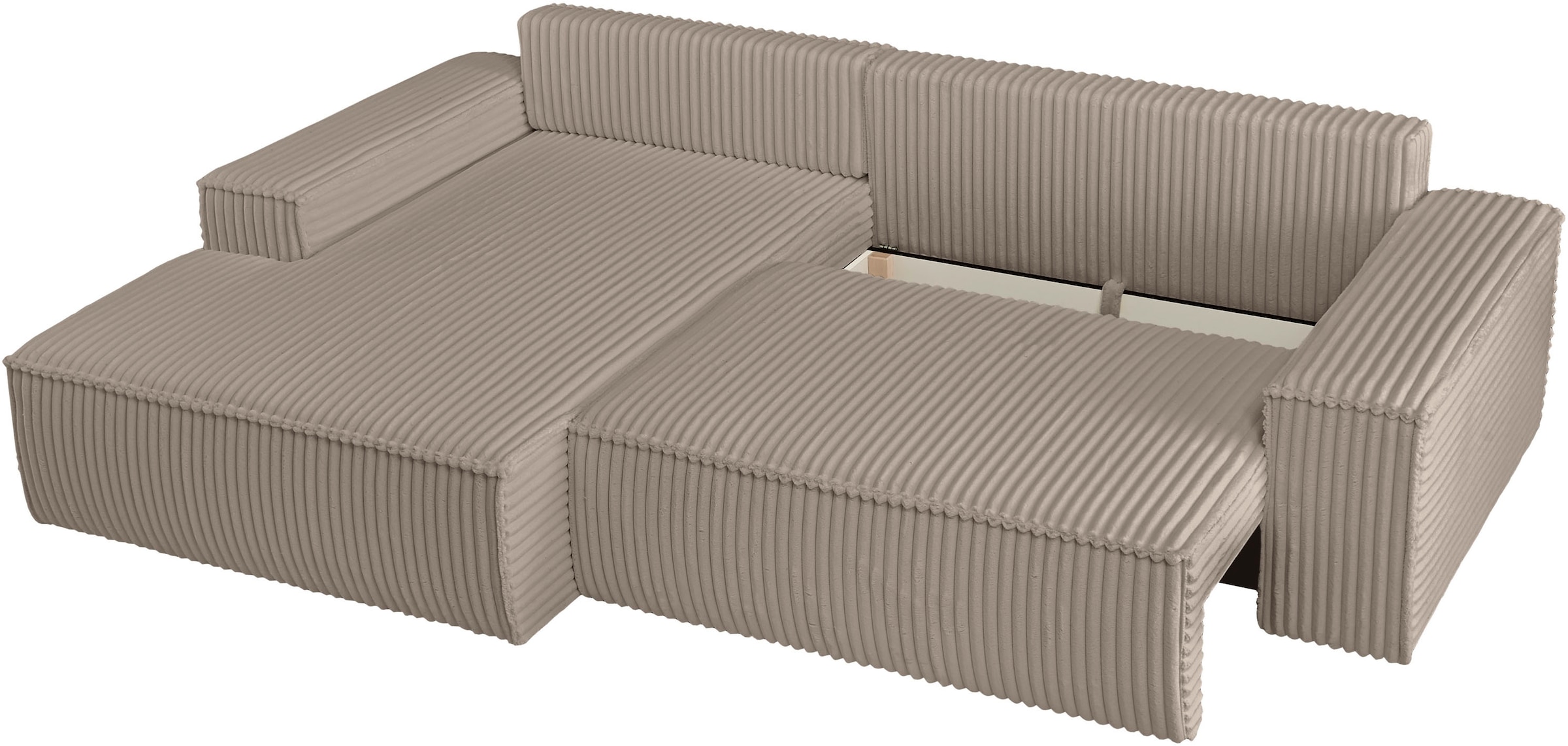 andas Ecksofa »Finnley Schlafsofa 267 cm in Bouclé, Struktur fein u. Cord, L-Form,«, Schlaffunktion m. Bettkasten (136/210 cm), Bouclé, Struktur und Cord