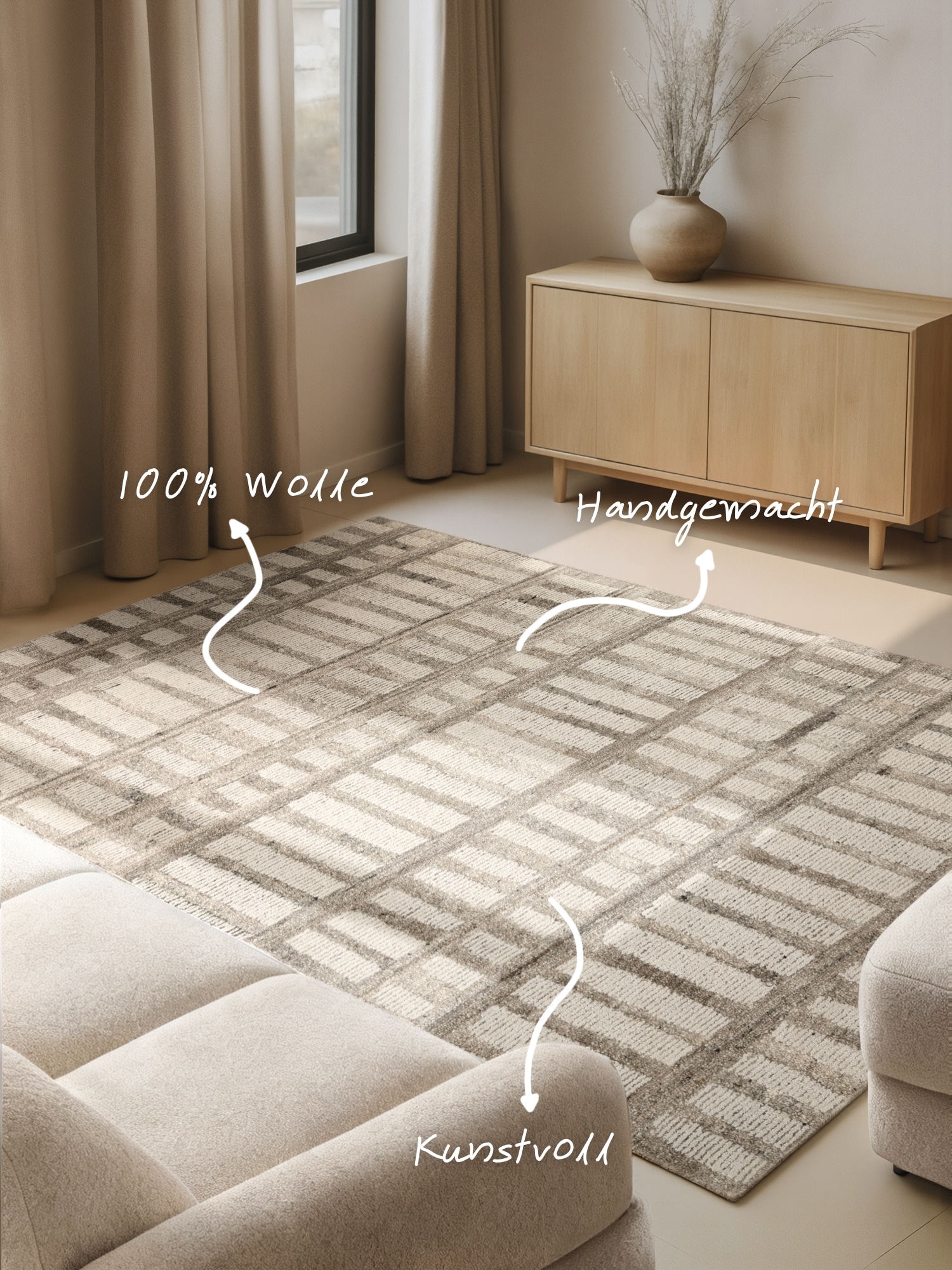 vikosa Wollteppich »Linara« rechteckig 15 mm Höhe Handgemacht, Grafisch, Streifen, Natur, Wolle, Wohnzimmer,Schlafzimmer